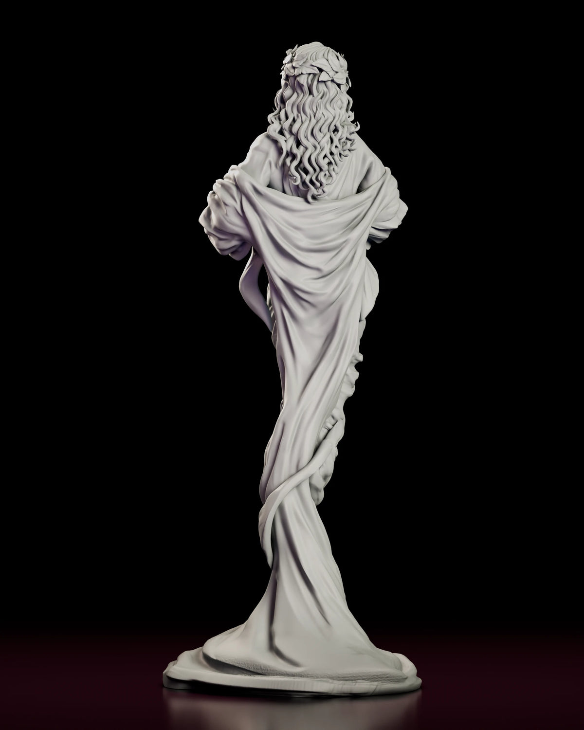 Back view of The Eternal Muse figure model kit showing her curls and the twisting folds of the robe