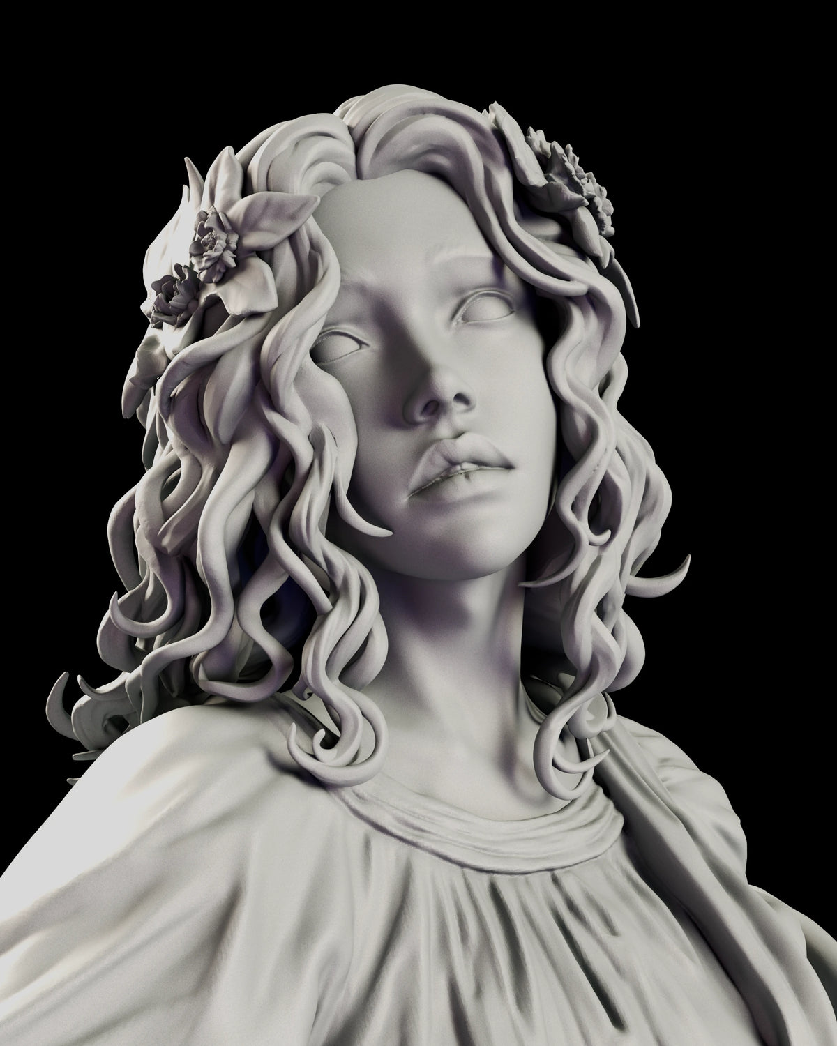 Portrait of The Eternal Muse with flowers in long curls and an upturned gaze
