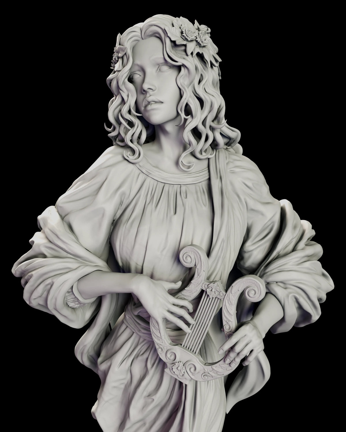 Close view of The Eternal Muse holding an ornamented lyre against her waist, with gathered sleeves