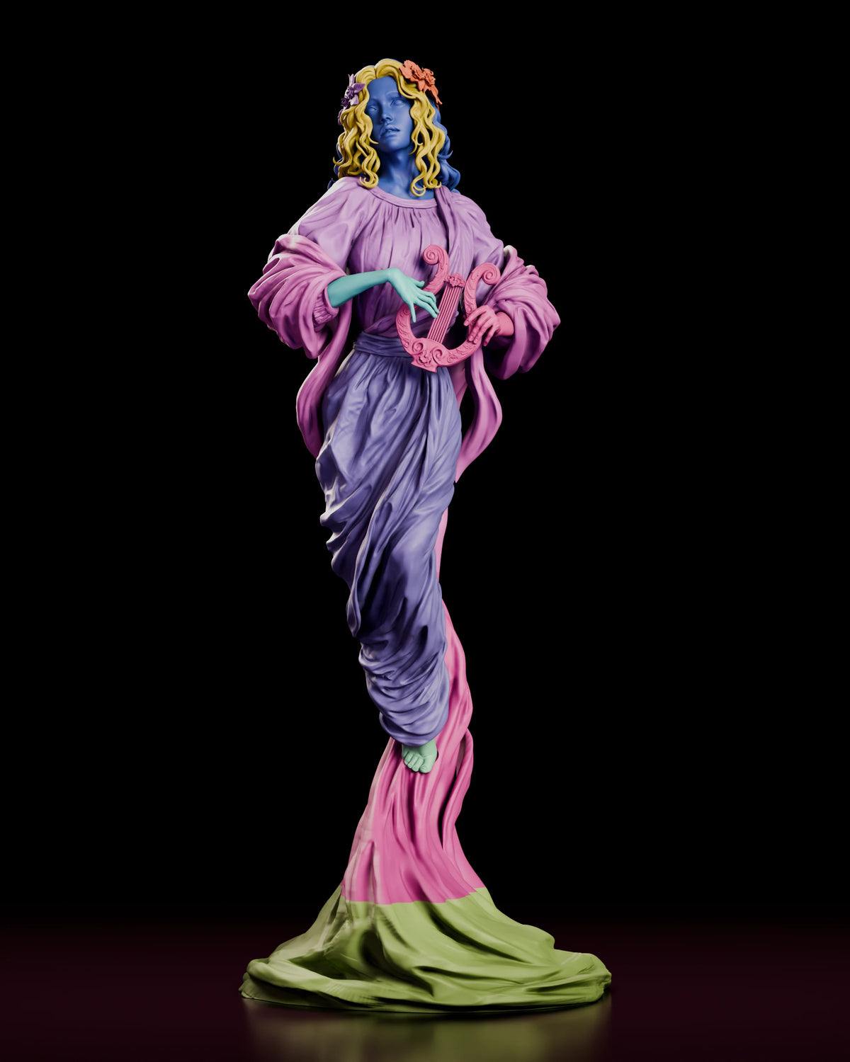 Parts breakdown of The Eternal Muse figure model kit with figure and base shown in separate colours