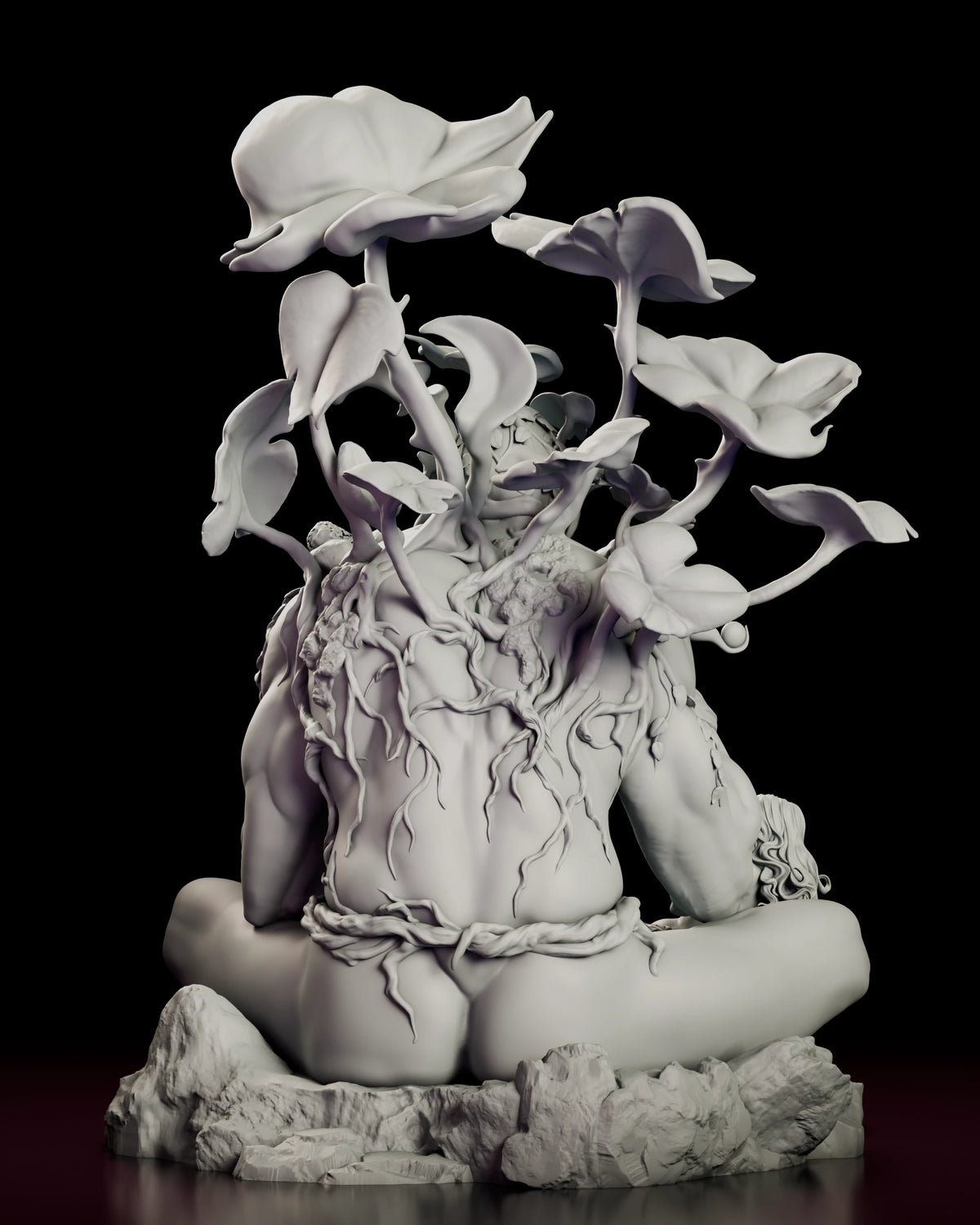 Rear view of The Forest Consort figure model kit showing the roots and creepers running down the giant back beneath the rising stalks of foliage
