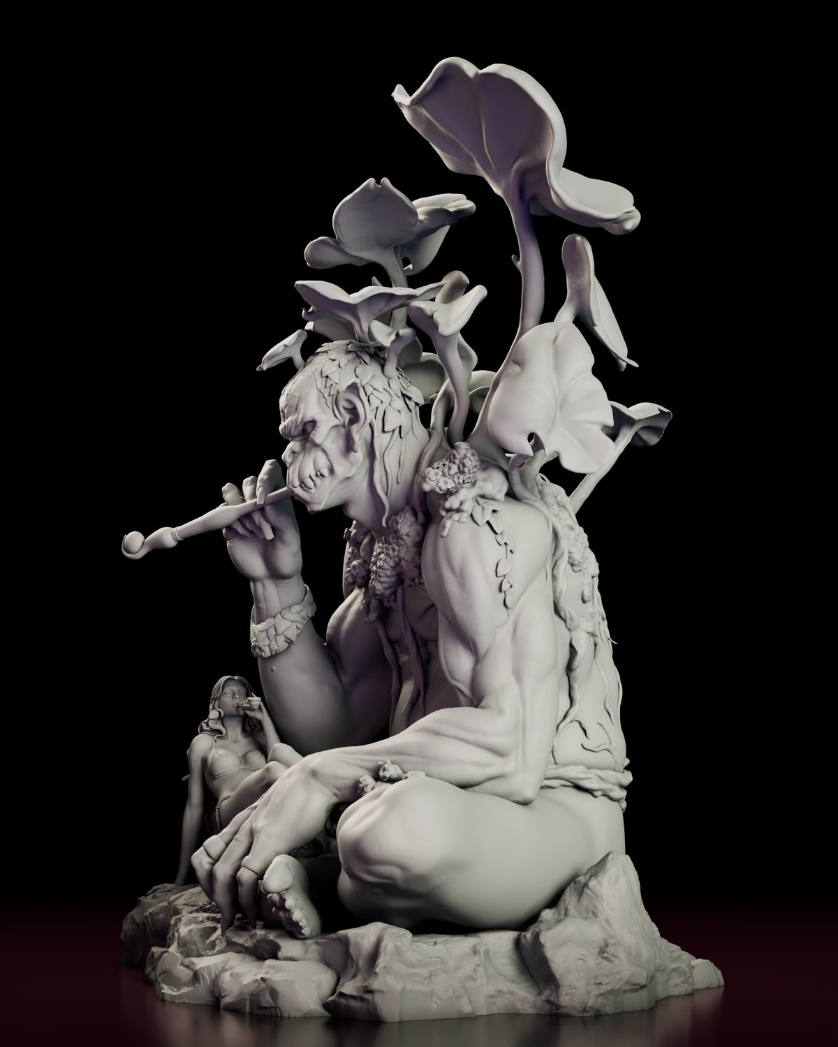 Left side view of The Forest Consort figure model kit showing the seated pose, the raised pipe and the rock outcrop underneath