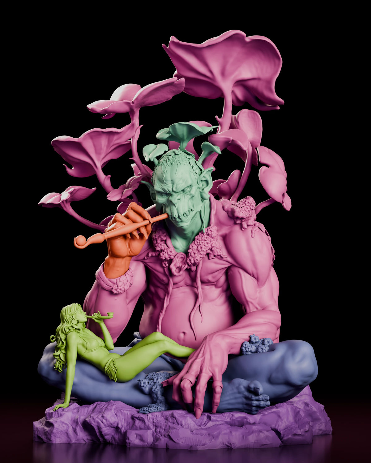 Parts breakdown render of The Forest Consort figure model kit showing the giant torso, head, arms, legs, the leaf stalks, the companion and the rock base as separate components