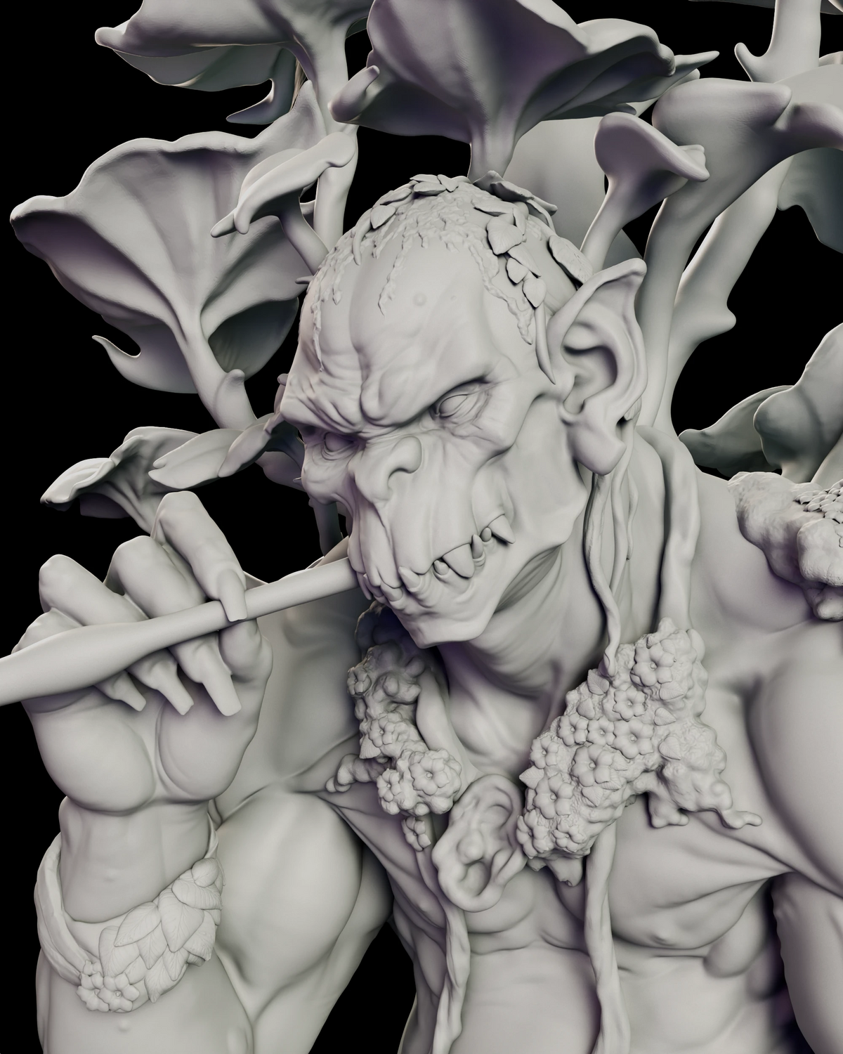Portrait of The Forest Consort figure model kit showing the giant creased brow, long pointed ears and tusked jaw with a pipe held to the lips