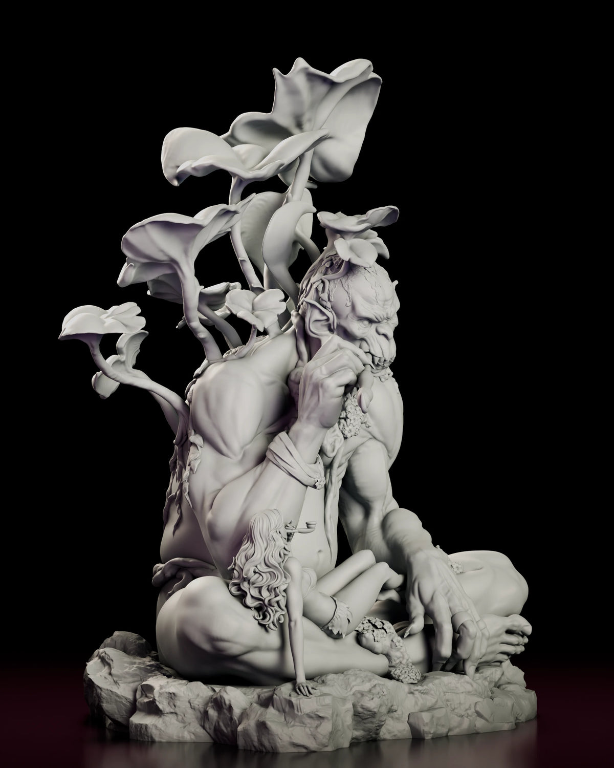 Right side view of The Forest Consort figure model kit showing the spread of the leaf stalks and the flower clusters growing along the shoulder and arm