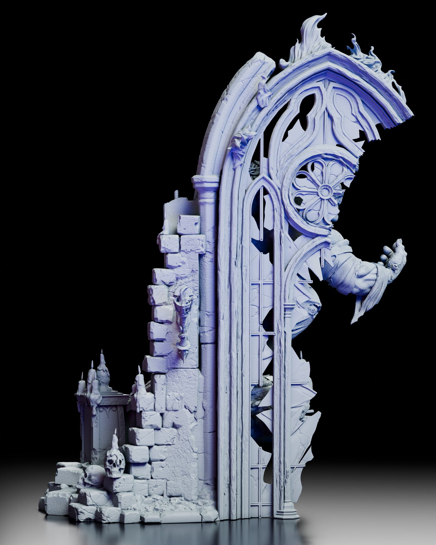 Rear view of The Gentle Monster highlighting torn garments, stitched flesh, and gothic arch backdrop