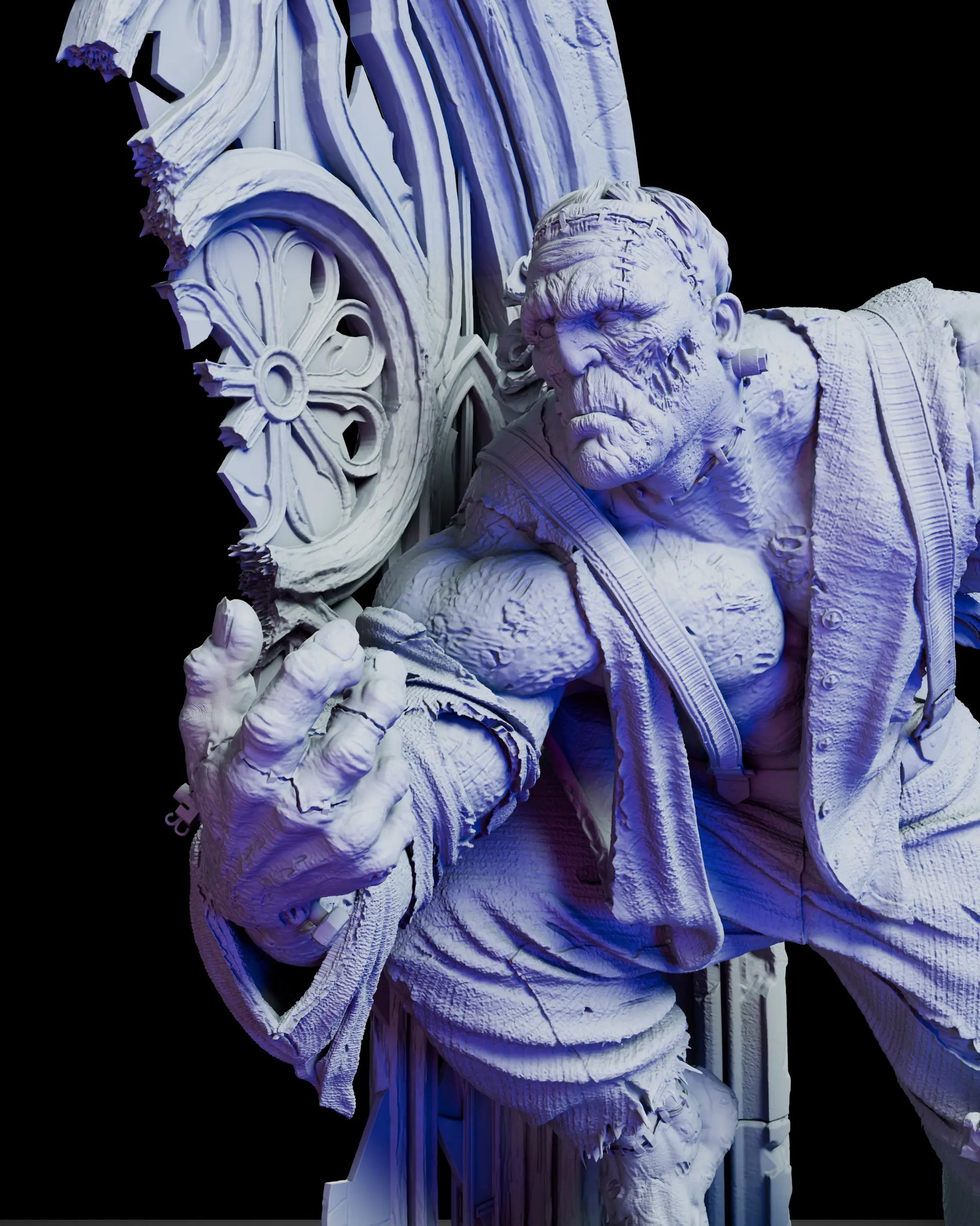 Close-up of The Gentle Monster's outstretched hand with detailed sculpted skin texture and stitching