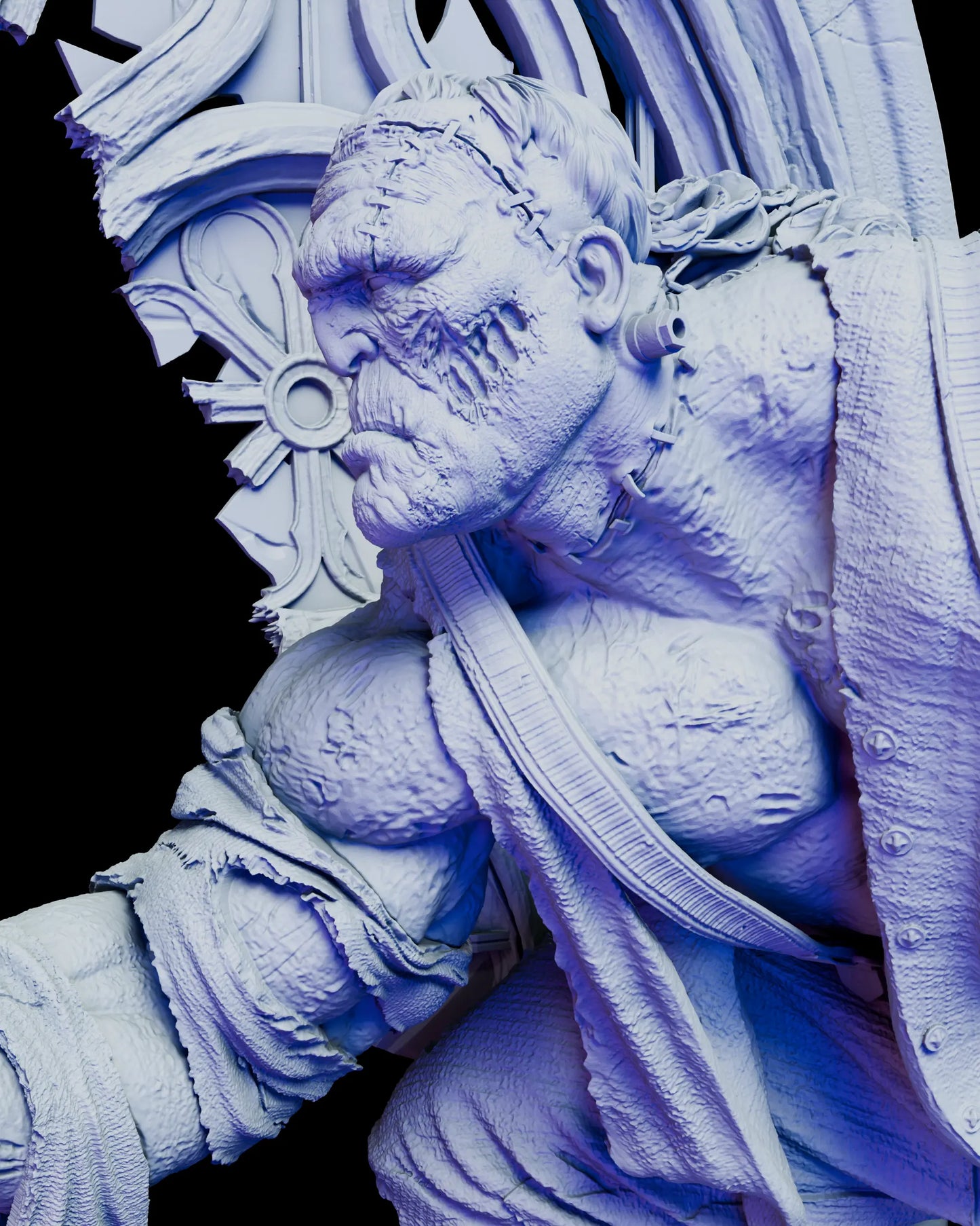 Close-up portrait of The Gentle Monster showing stitched facial features, scarred skin, and intense expression