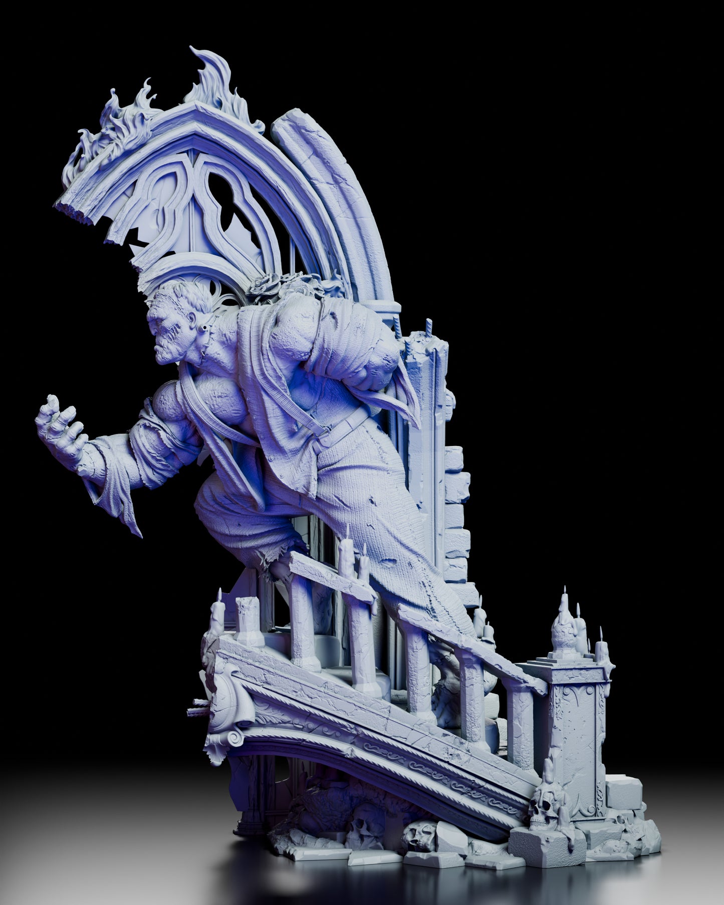 Front view of The Gentle Monster resin figure kit emerging from a shattered gothic arch while reaching forward with flowers hidden behind his back