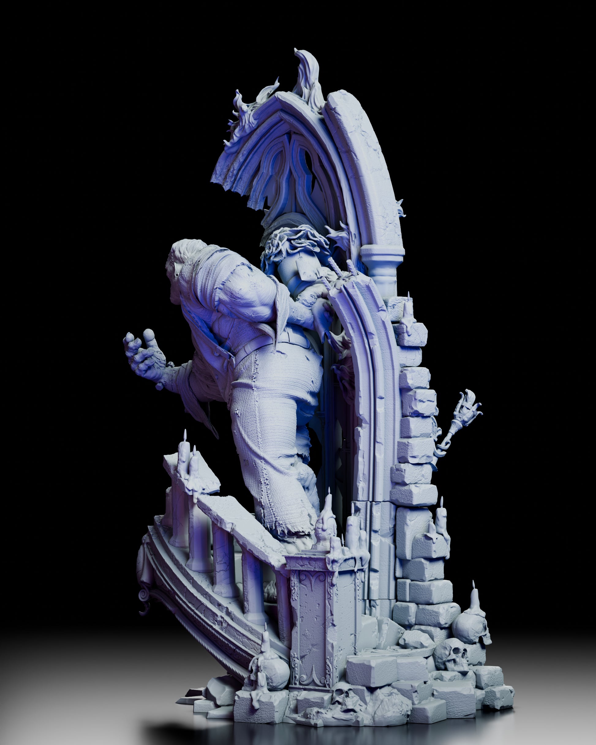 Left side view of The Gentle Monster showing detailed ruined cathedral architecture and dramatic forward-reaching pose