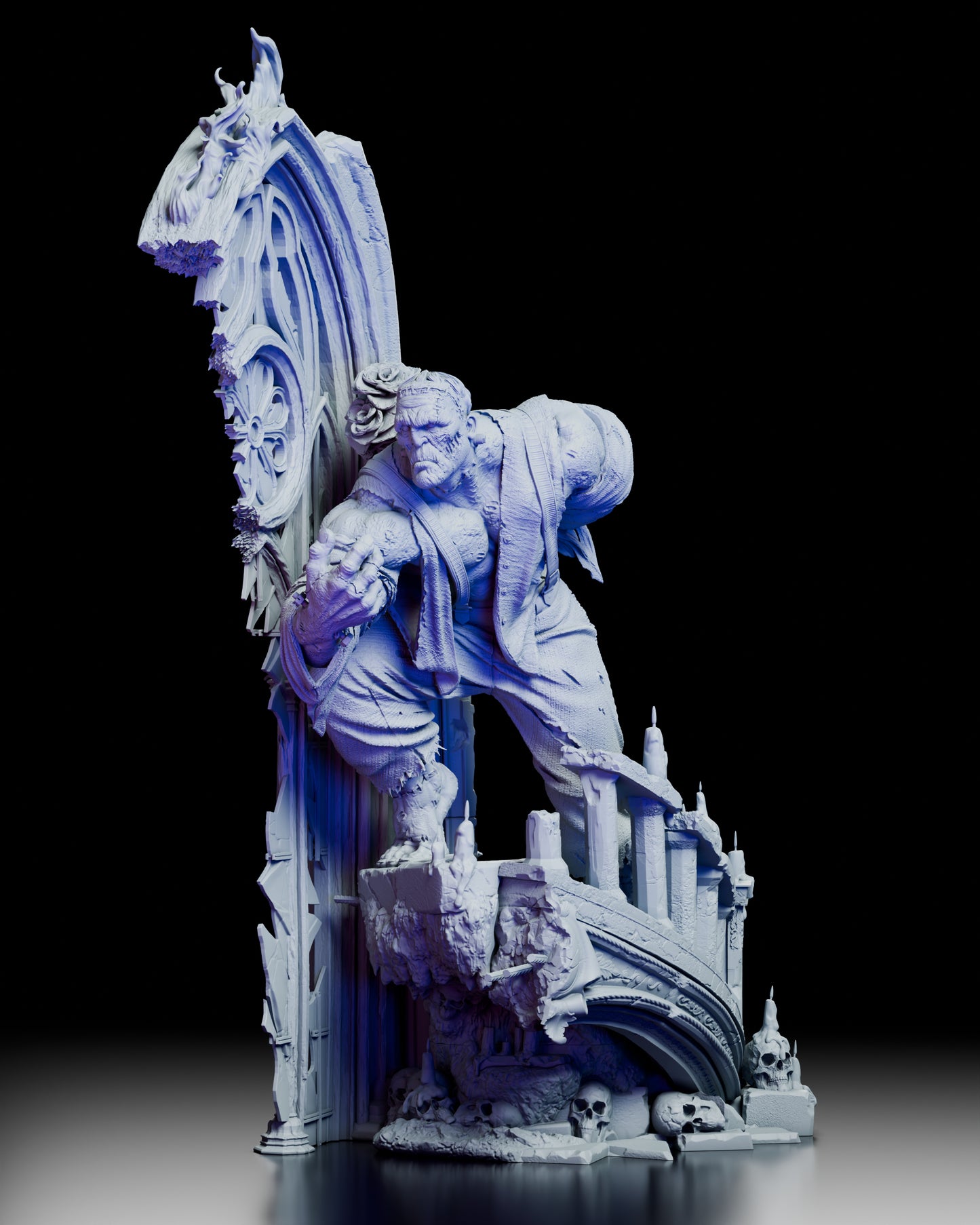 Right side view of The Gentle Monster revealing hidden bouquet of flowers and textured stone base with skull details