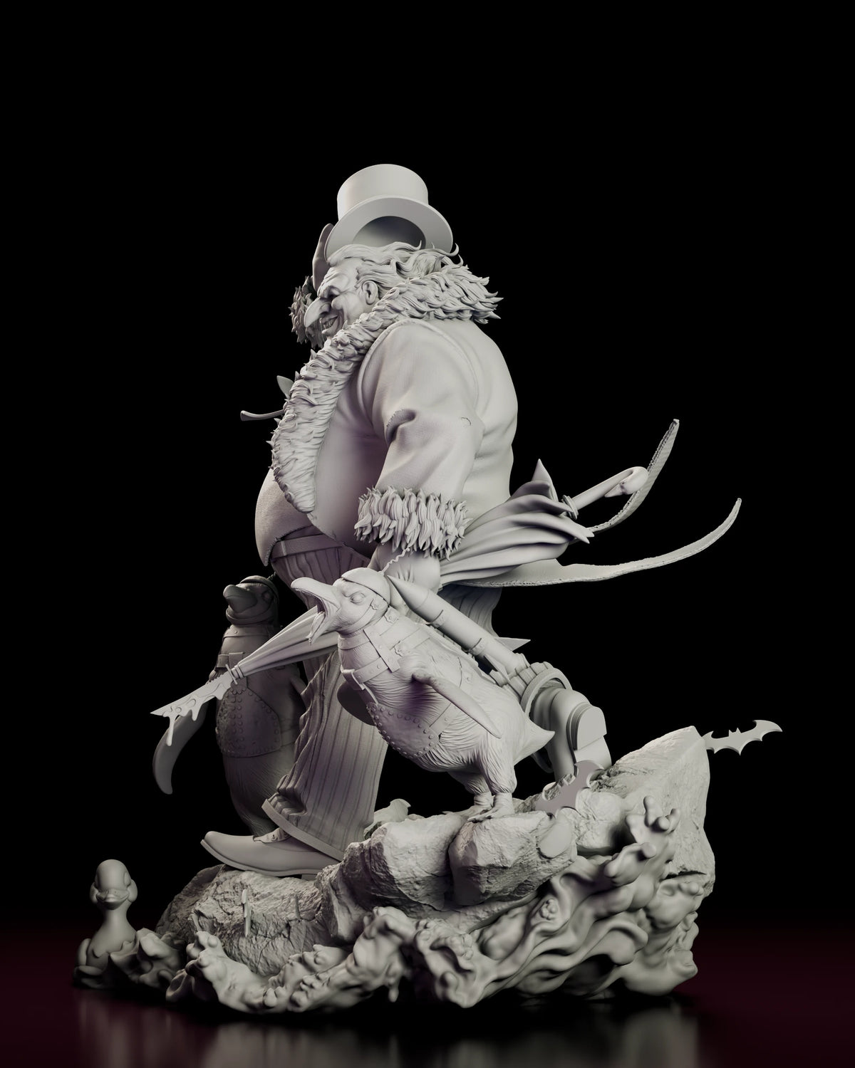 Left side view of the Penguin resin model showing the raised top hat and the glaring armoured penguin