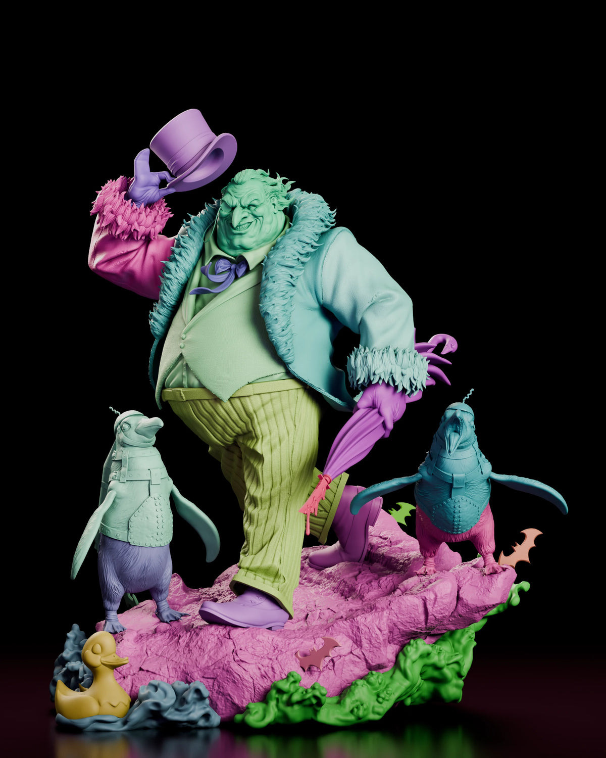 Parts breakdown of the Penguin resin kit with the body, head, hat arm, umbrella arm, two penguins and base in separate colours