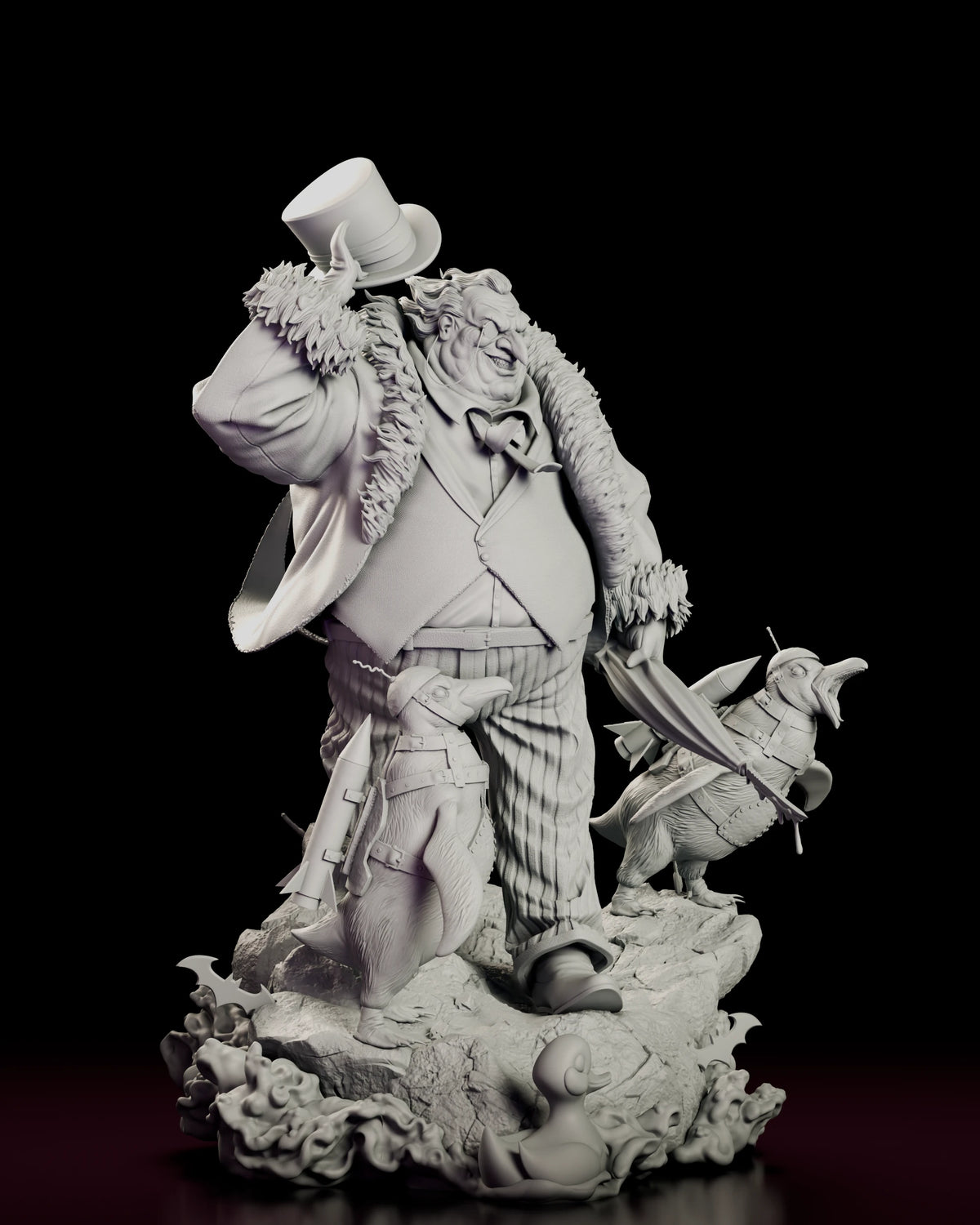 Right side view of the Penguin resin model showing the furled umbrella and the squawking armoured penguin