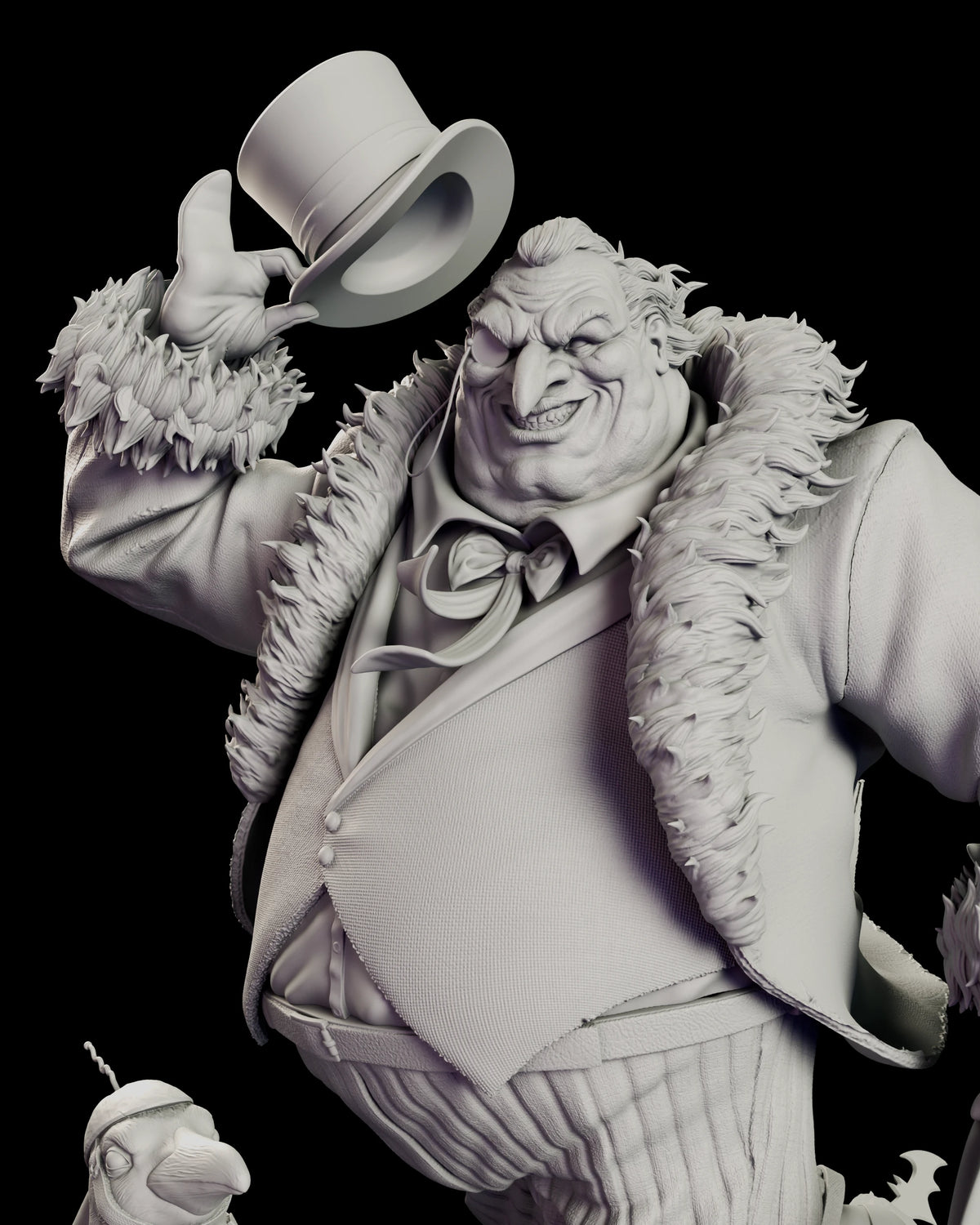 Detail of the Penguin tipping his top hat, showing the fur collar, feathered cuff, bow tie and quilted waistcoat