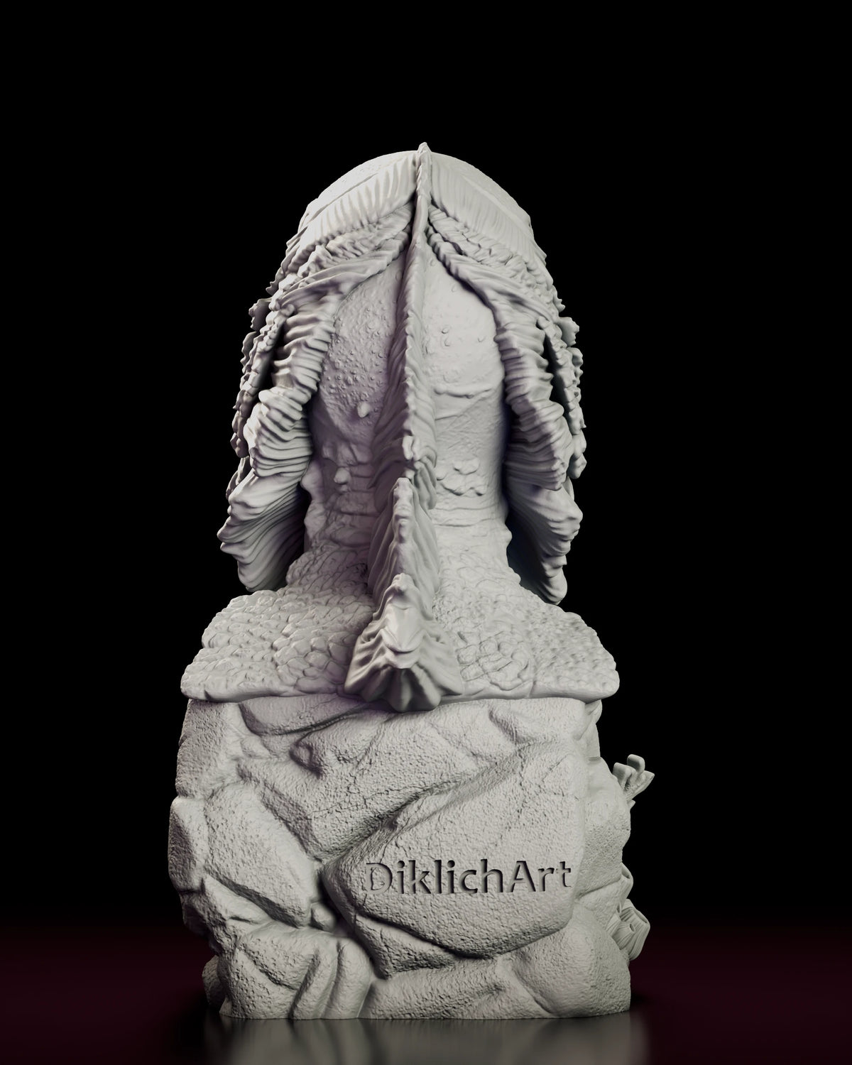 Back view of the Gill Man bust figure model kit showing the scaled head and the DiklichArt name on the base