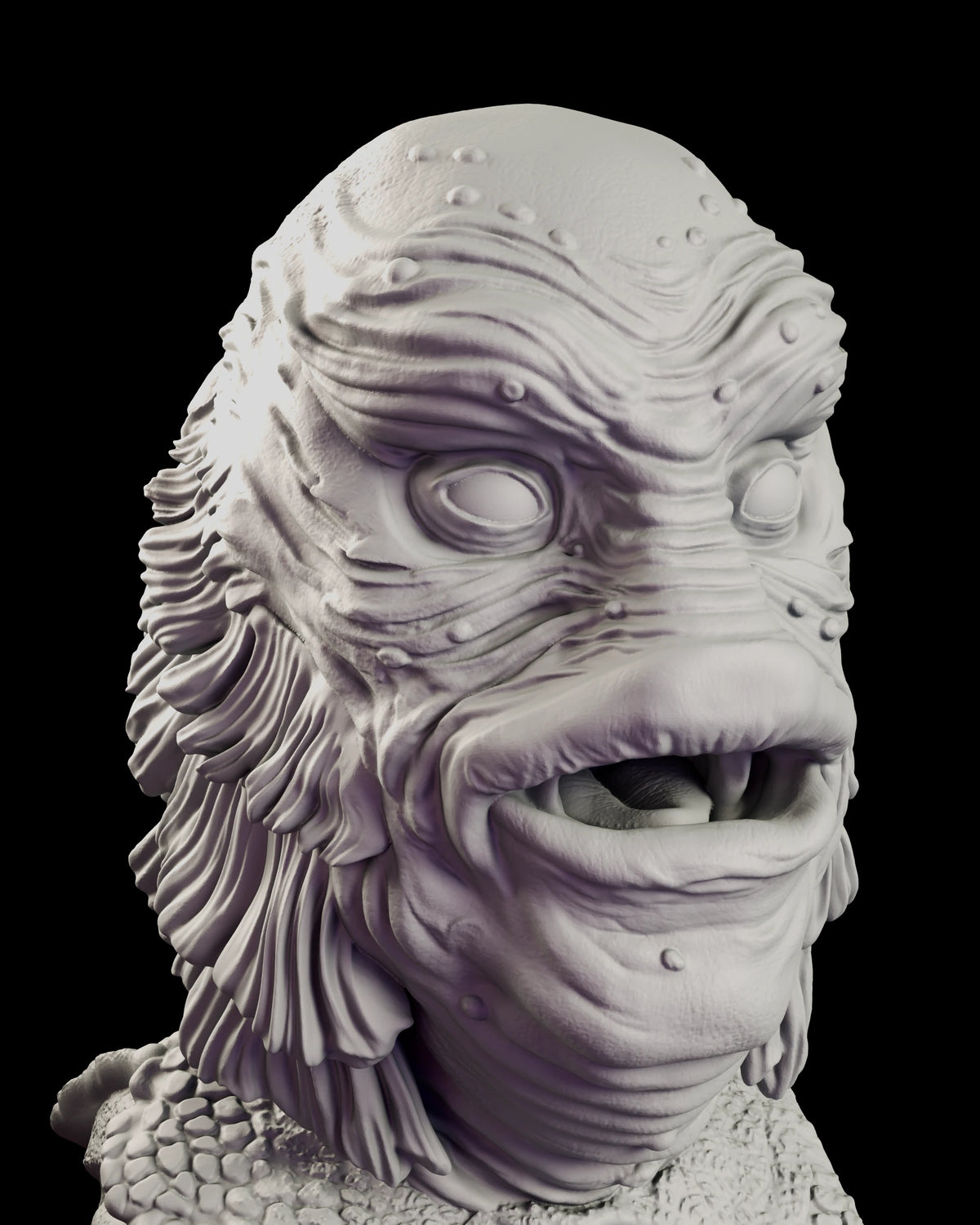 Portrait of the Gill Man with large round eyes, a heavy scaled brow and thick parted lips