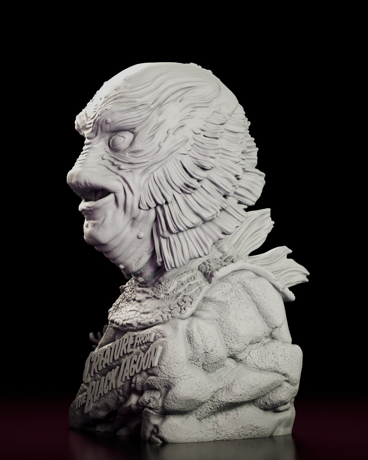 Left side view of the Gill Man bust in profile with the mouth open