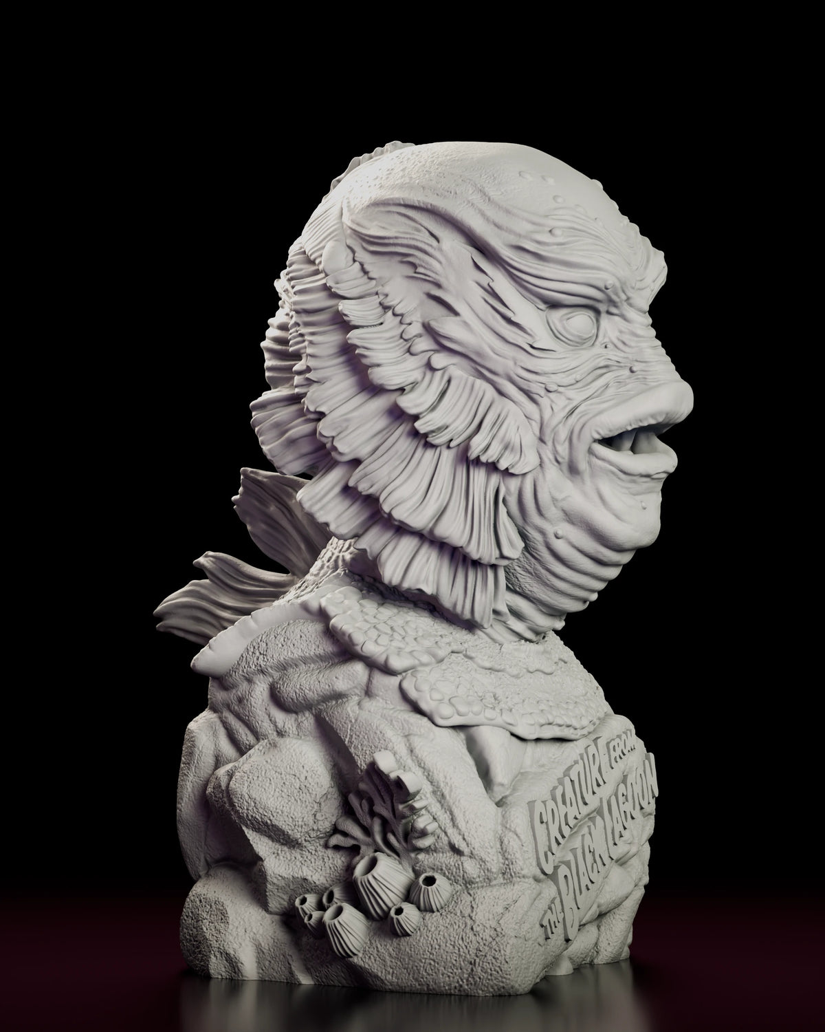 Right side view of the Gill Man bust showing the gill fins and seaweed on the base