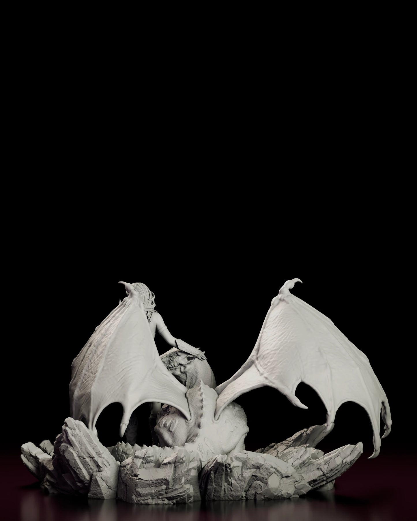 Rear view of the Girl and the Dragon - Pyralis figure model kit showing the veined backs of both wings, the armoured neck of the wyvern and the shattered rock at the rear of the base