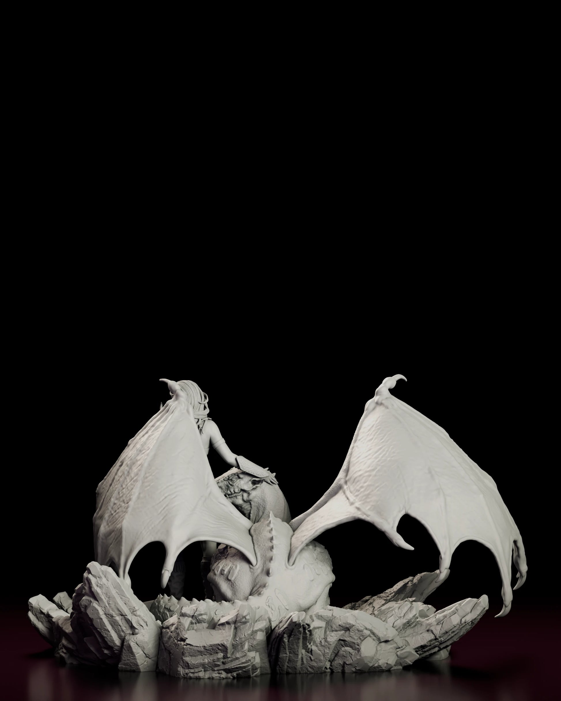Rear view of the Girl and the Dragon - Pyralis figure model kit showing the veined backs of both wings, the armoured neck of the wyvern and the shattered rock at the rear of the base