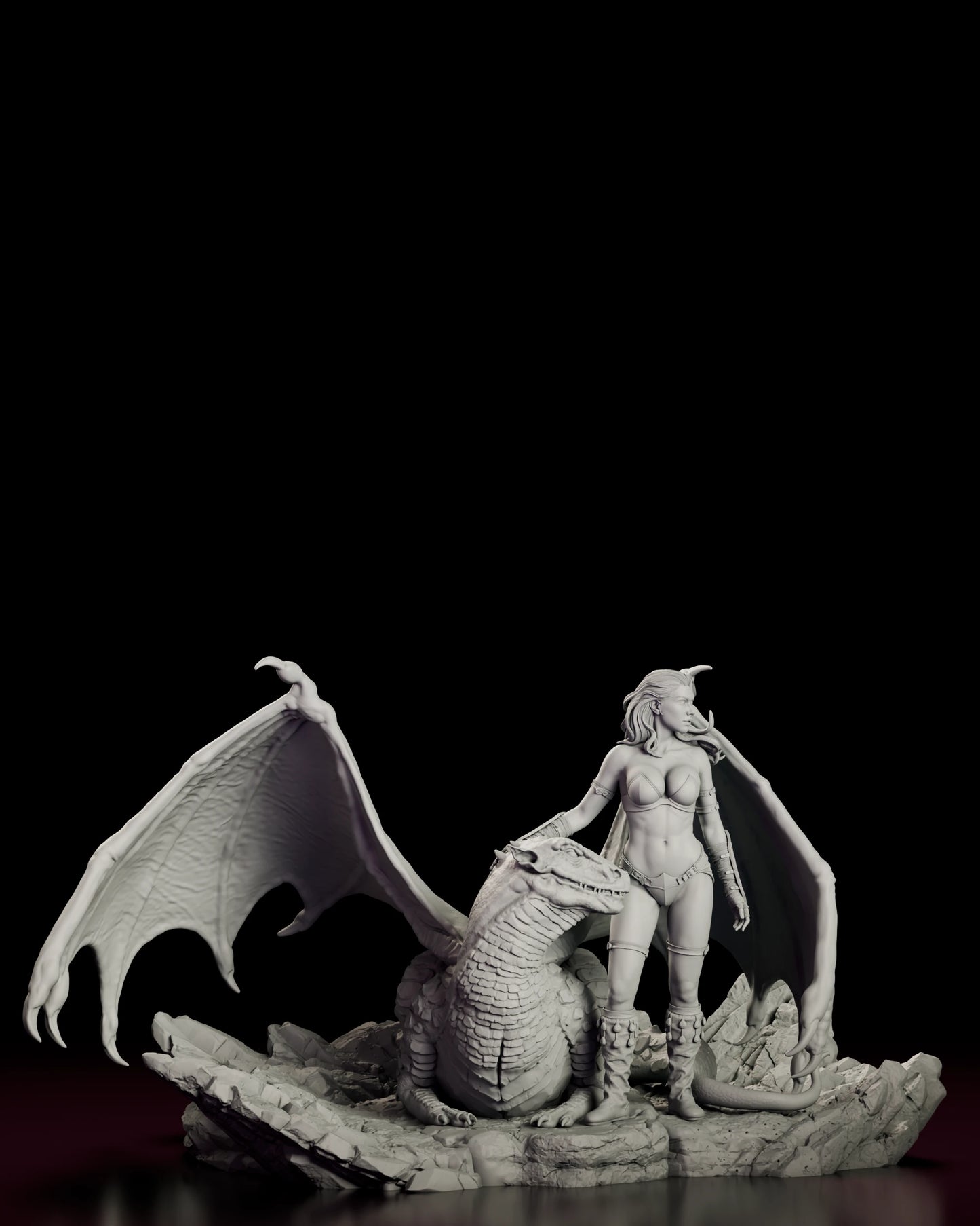 Front view of the Girl and the Dragon - Pyralis figure model kit with the wyvern coiled low beside the standing woman and both wings lifting away to either side