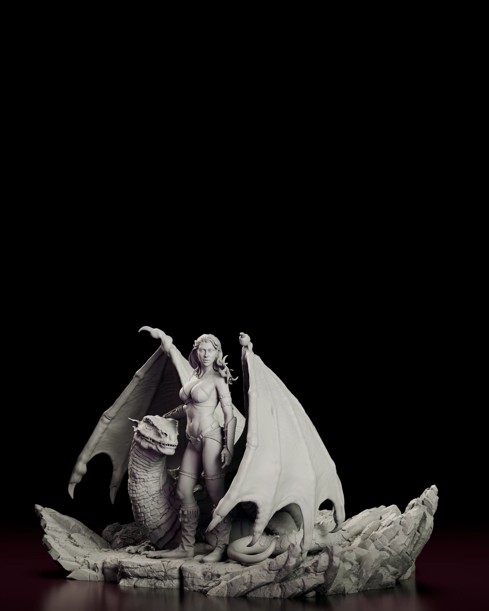 Left side view of the Girl and the Dragon - Pyralis figure model kit showing the span of the near wing, the whiplike tail curling across the stone and the blade lying discarded on the base