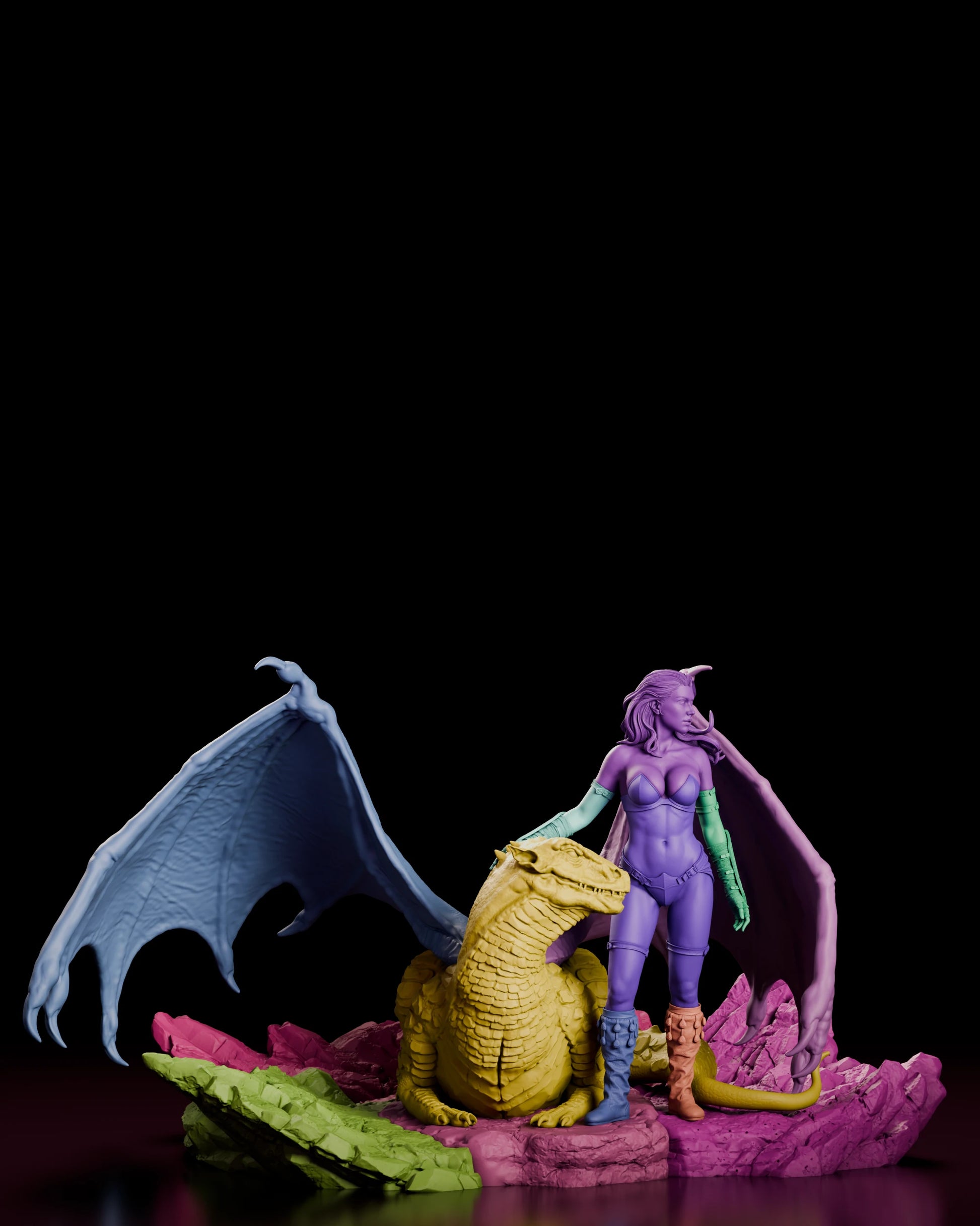 Parts breakdown of the Girl and the Dragon - Pyralis figure model kit with the woman, the wyvern body, each wing, the tail and the sections of the flagstone base shown in separate colours