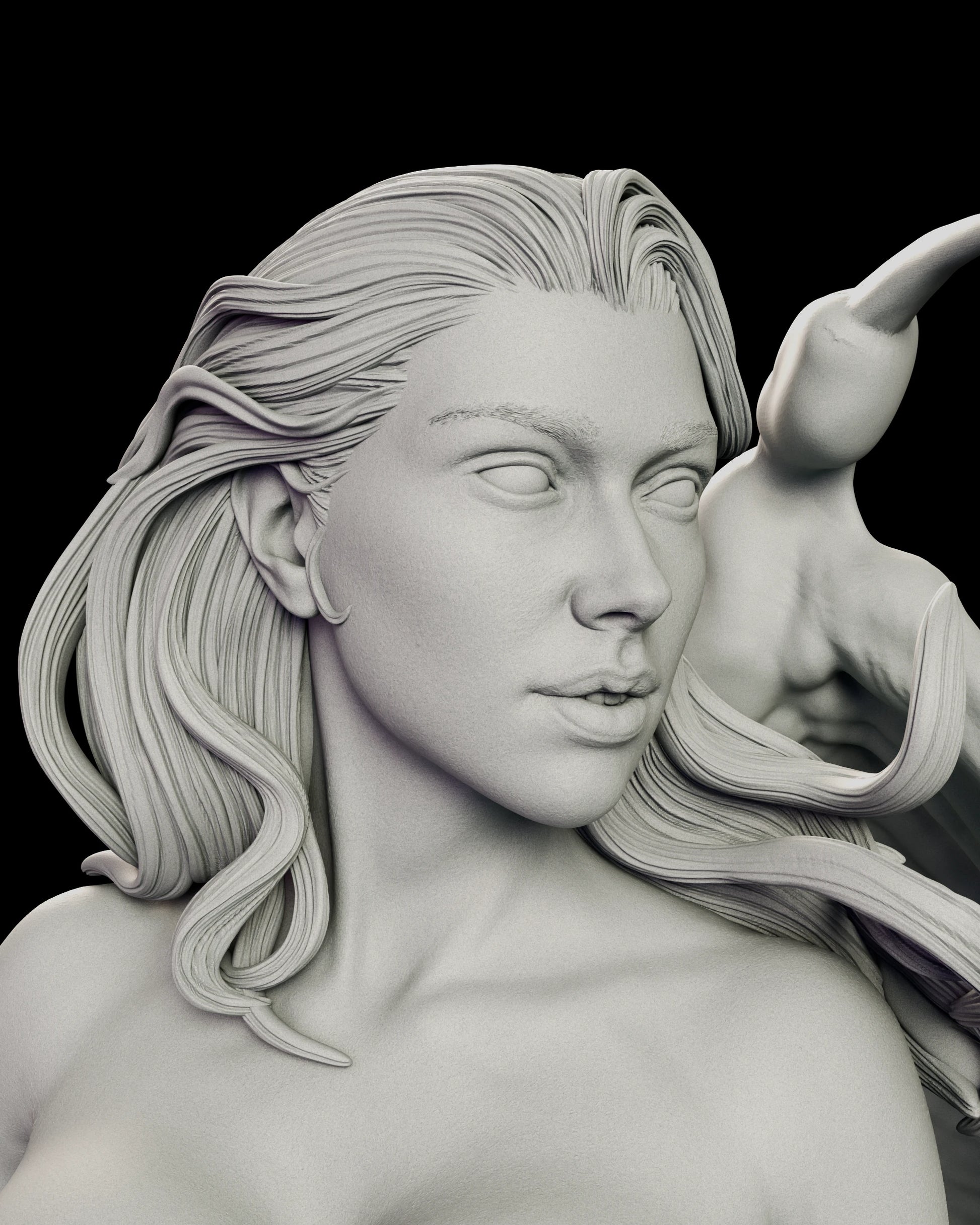 Portrait detail of the Girl and the Dragon - Pyralis figure model kit, showing the lifted chin, the level gaze and the long waved hair blown back from the shoulders