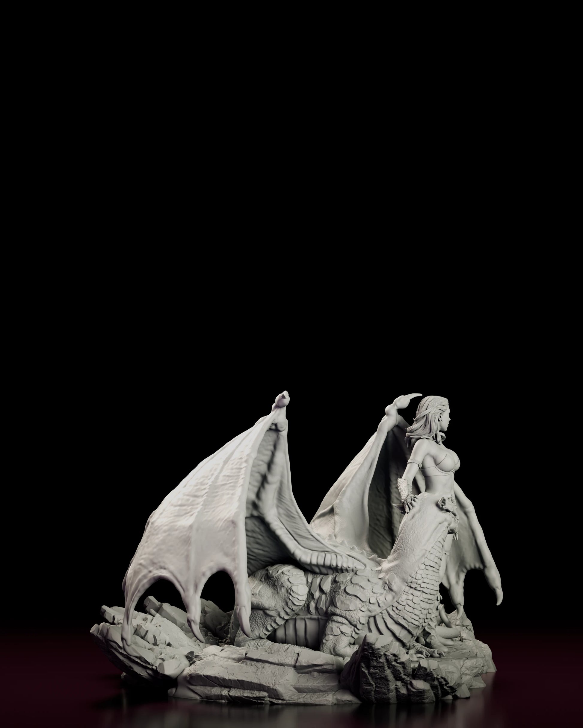 Right side view of the Girl and the Dragon - Pyralis figure model kit showing the ridged spine and clawed forefeet of the wyvern and the tall fringed boots of the standing figure