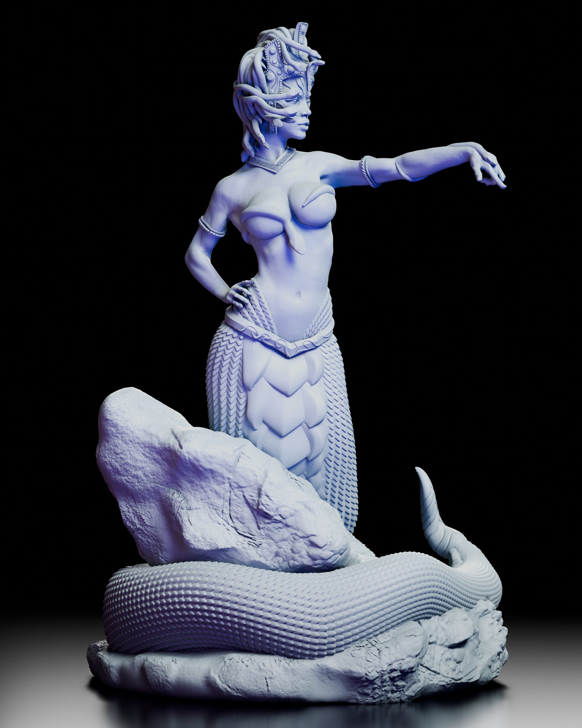 Right side view of The Gorgon Queen figure revealing her serpentine form and rock base detailing