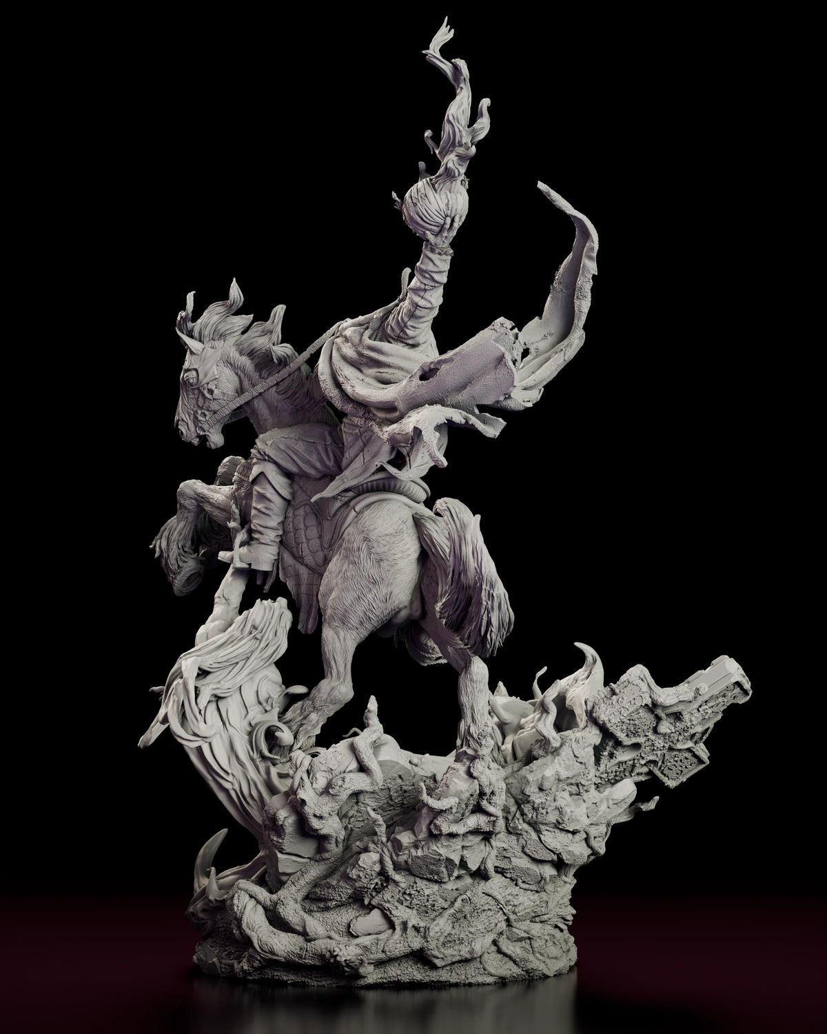 Back view of the Headless Horseman figure model kit showing the torn cape and the toppled stone cross on the base