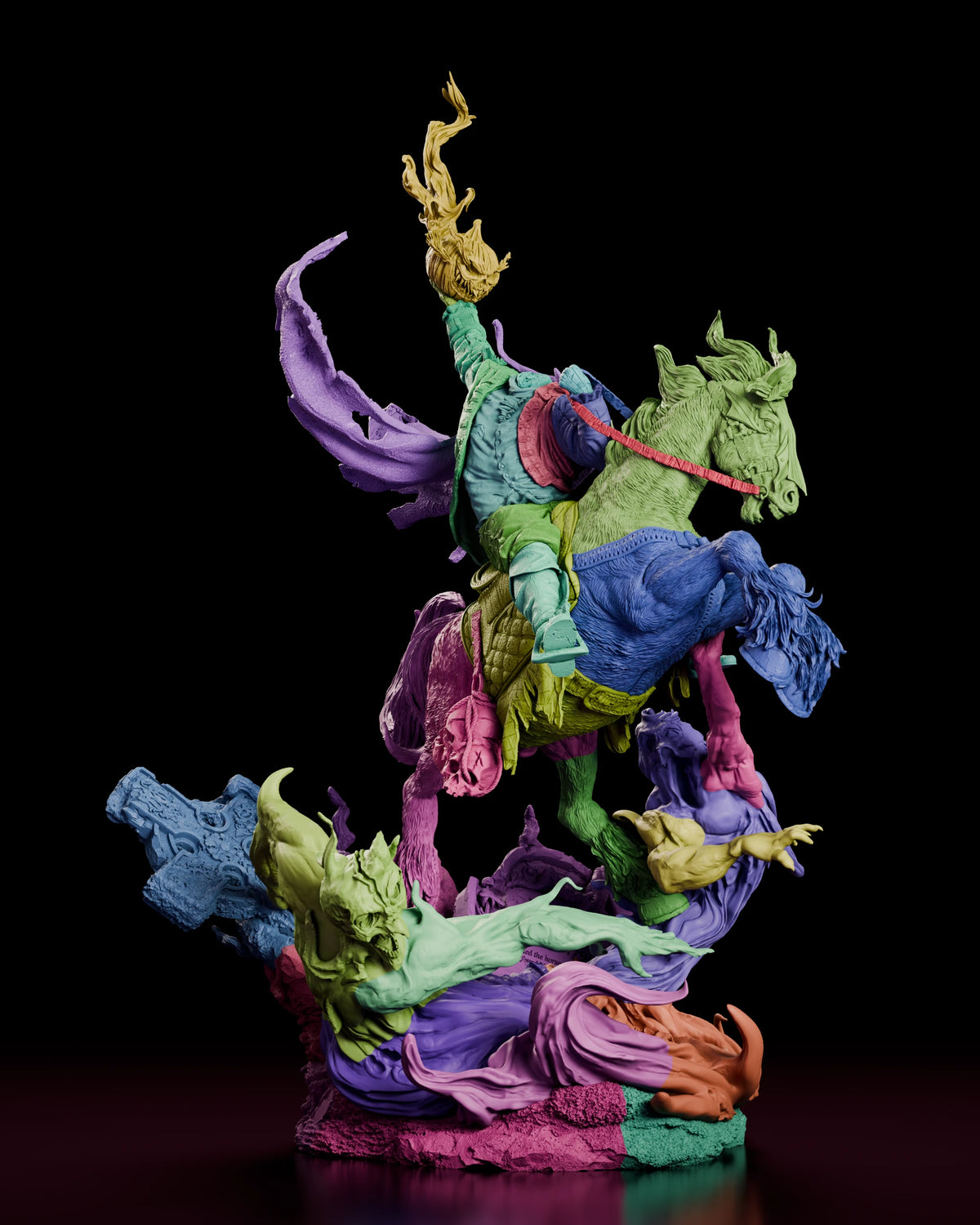 Parts breakdown of the Headless Horseman figure model kit with rider, horse, cape, spirits and base shown in separate colours