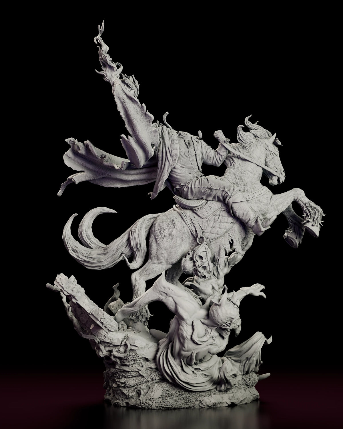Right side view of the Headless Horseman with the horse rearing, tail curling and cape streaming behind