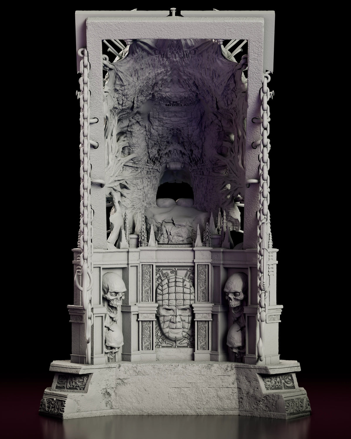 Rear view of the Pinhead bust figure model kit showing the carved relief of the same face set into the shrine wall between skulls