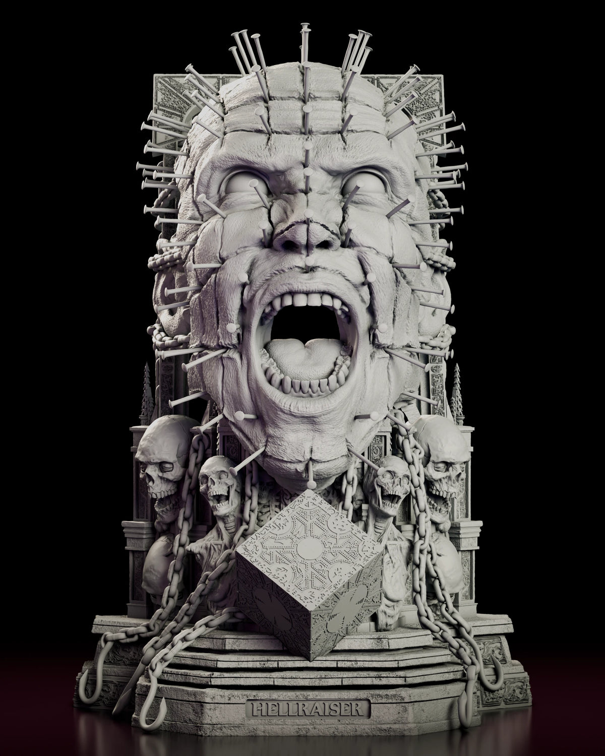 Front view of the Pinhead bust figure model kit with skulls and corpse figures flanking the head and the open Lament Configuration on the lettered base