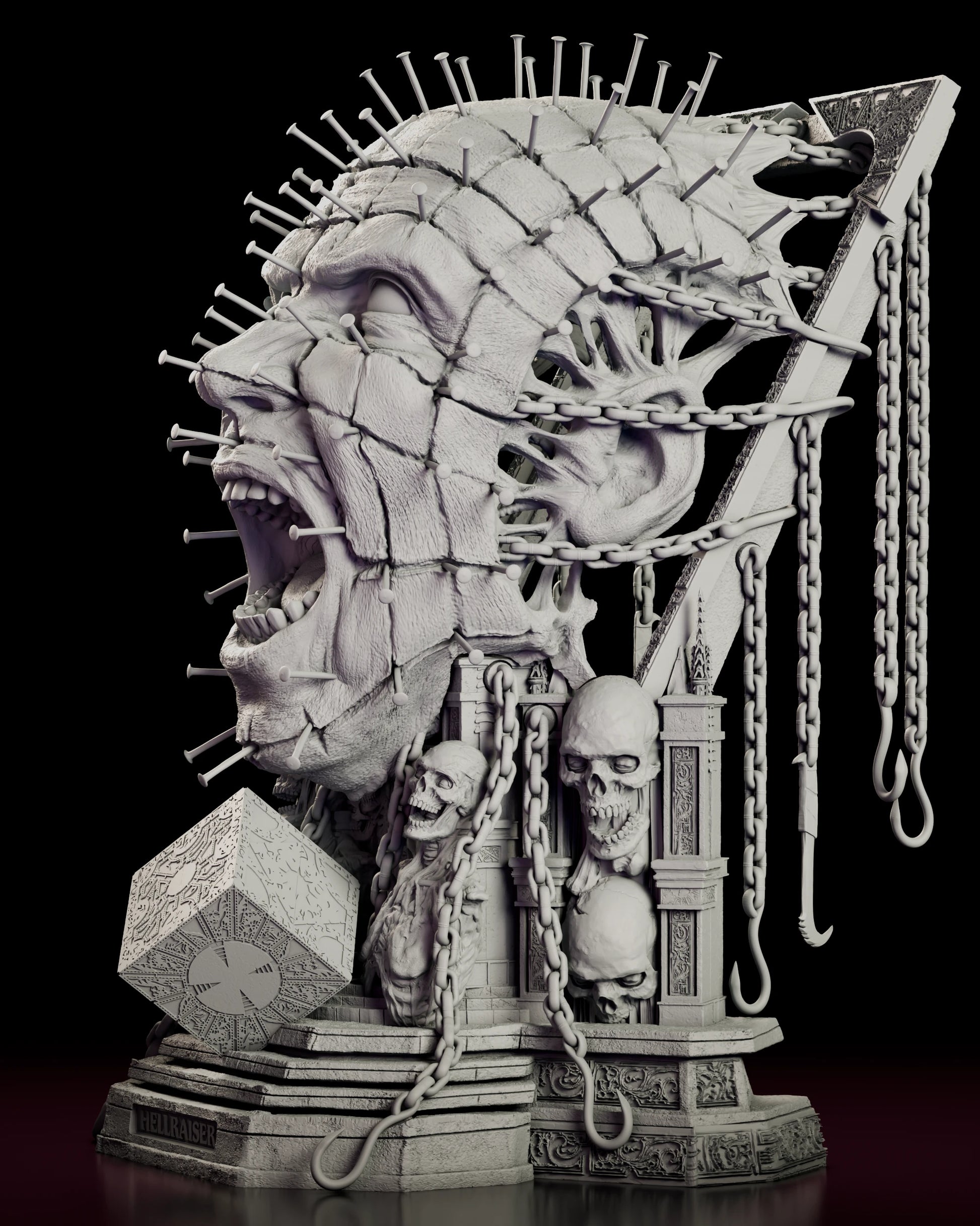 Left side view of the Pinhead bust figure model kit showing the nails standing clear of the skull and the carved stonework behind