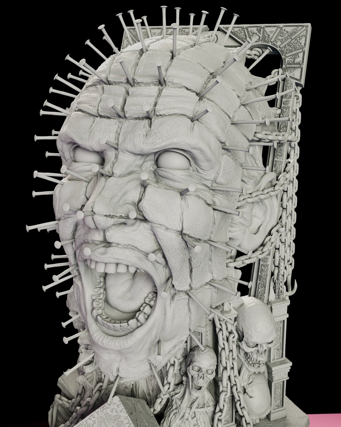 Close detail of the Pinhead bust figure model kit showing the gridded scalp with a nail driven at every intersection and the mouth open on a scream