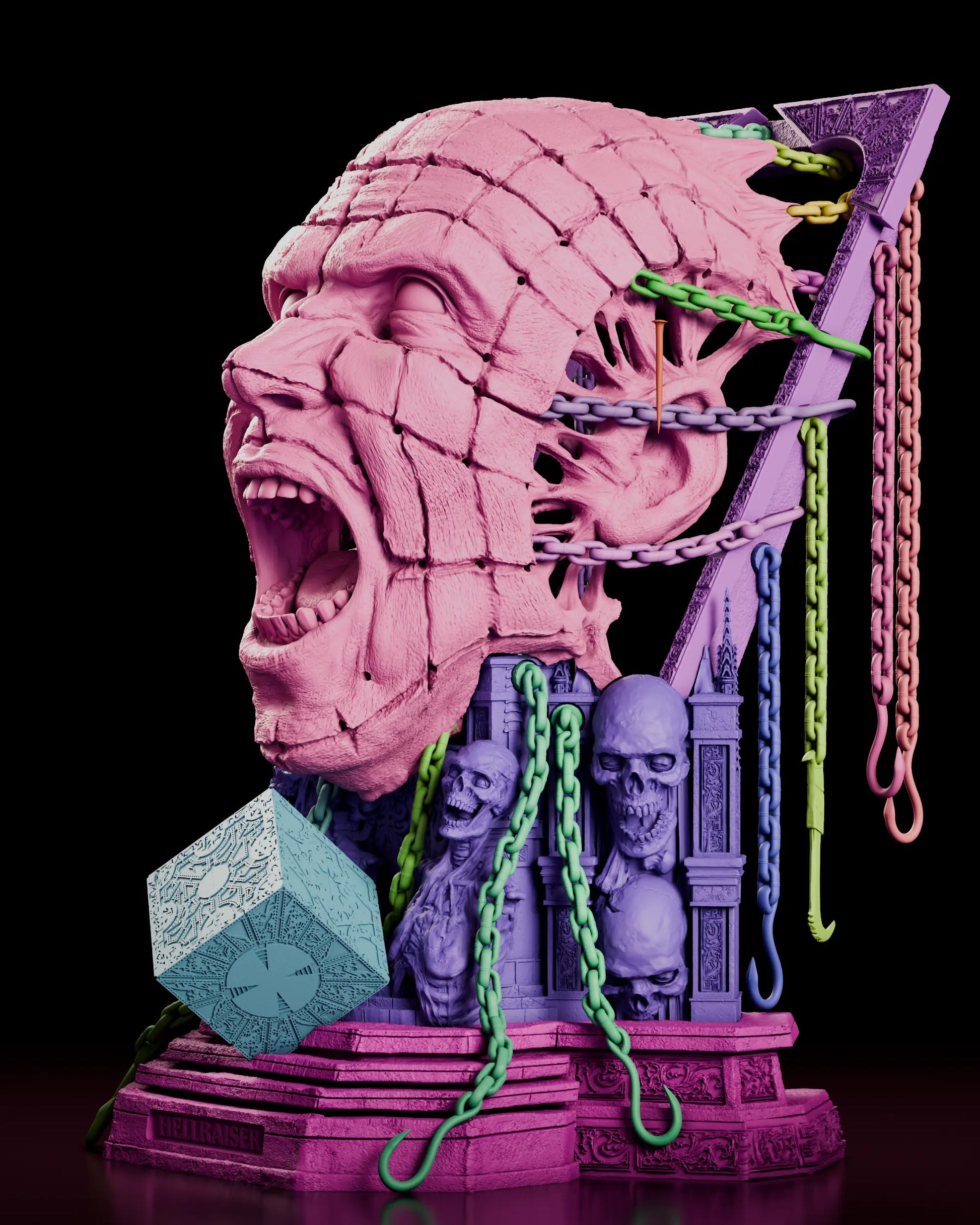 Parts breakdown render of the Pinhead bust figure model kit showing the head, the arched shrine wall, the chains, the puzzle box and the stepped base as separate components