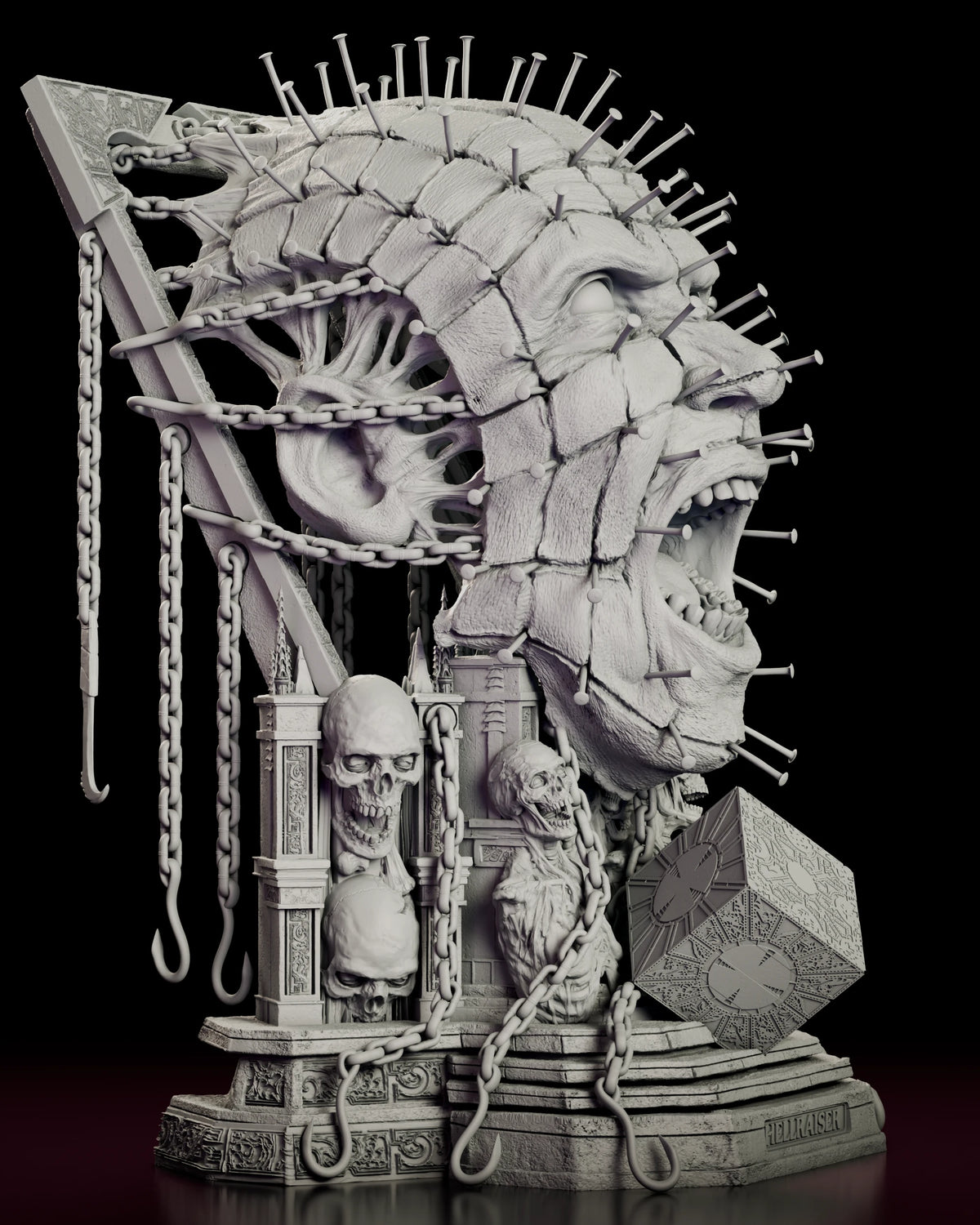 Right side view of the Pinhead bust figure model kit showing the depth of the shrine arch and the chains running down to their hooks