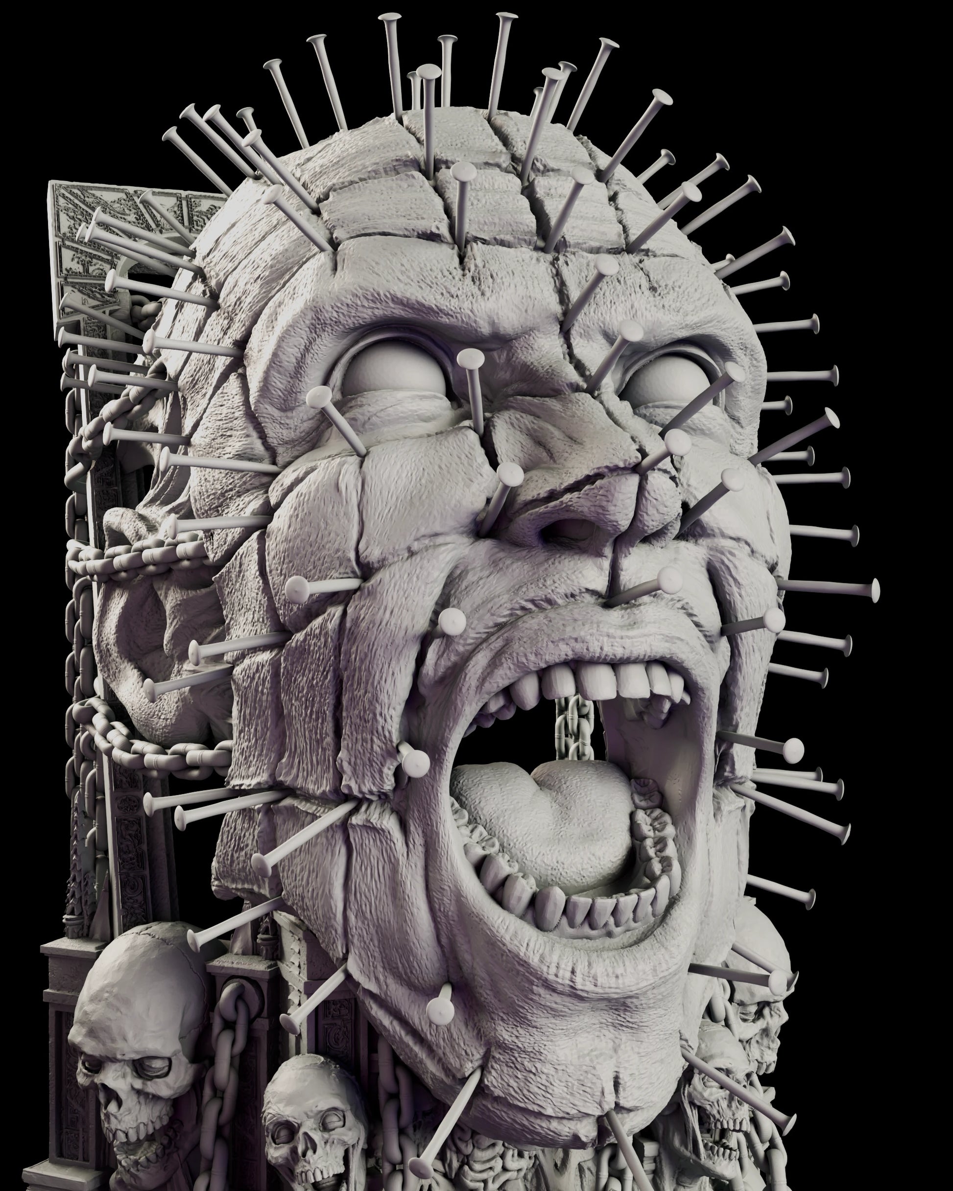 Portrait of the Pinhead bust figure model kit showing the blank eyes and creased face framed by the carved arch and hanging chains behind