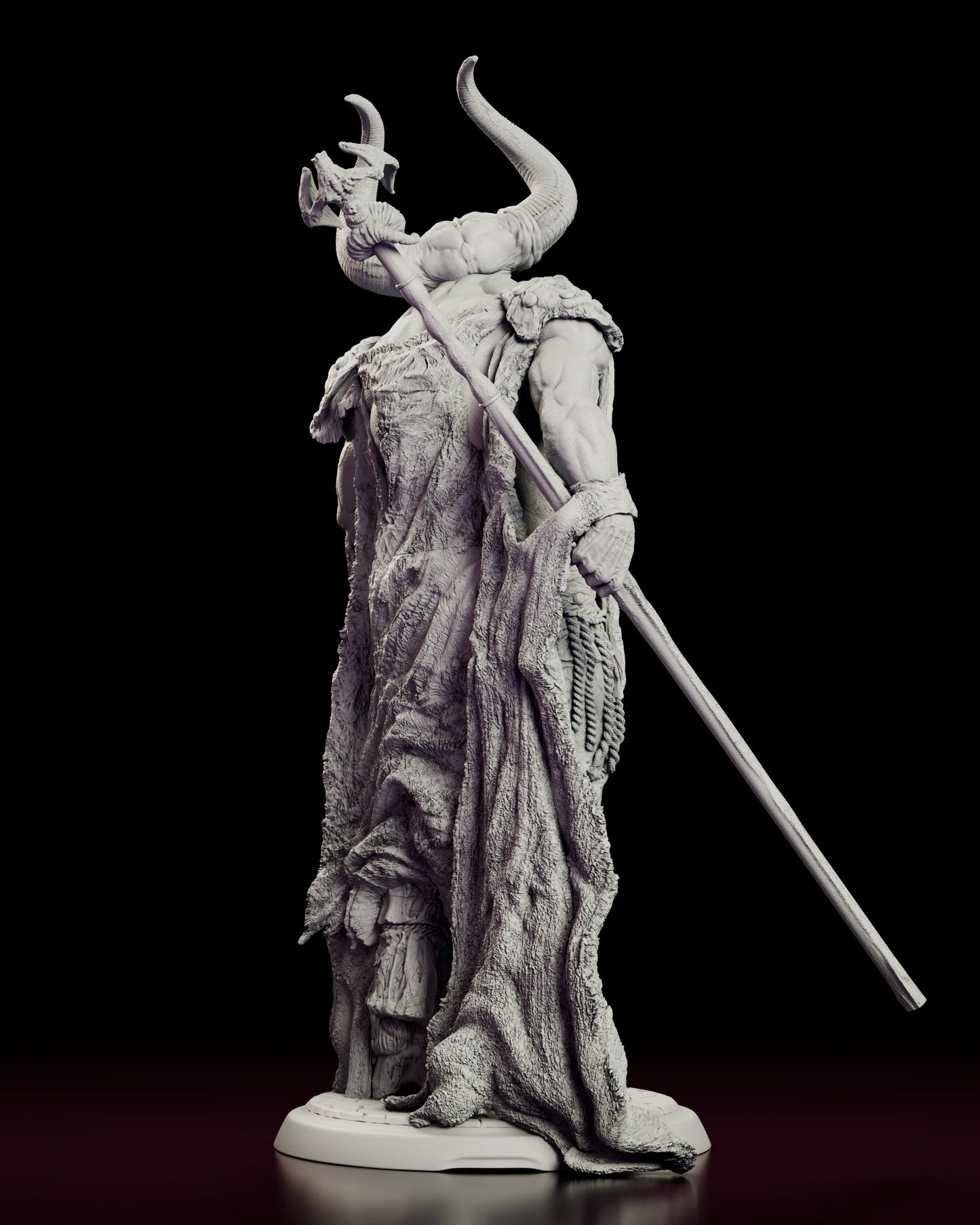 Back view of the Lord of Darkness figure model kit showing the full length of the shaggy cloak draping over the cobbled base and the staff crossing diagonally behind him