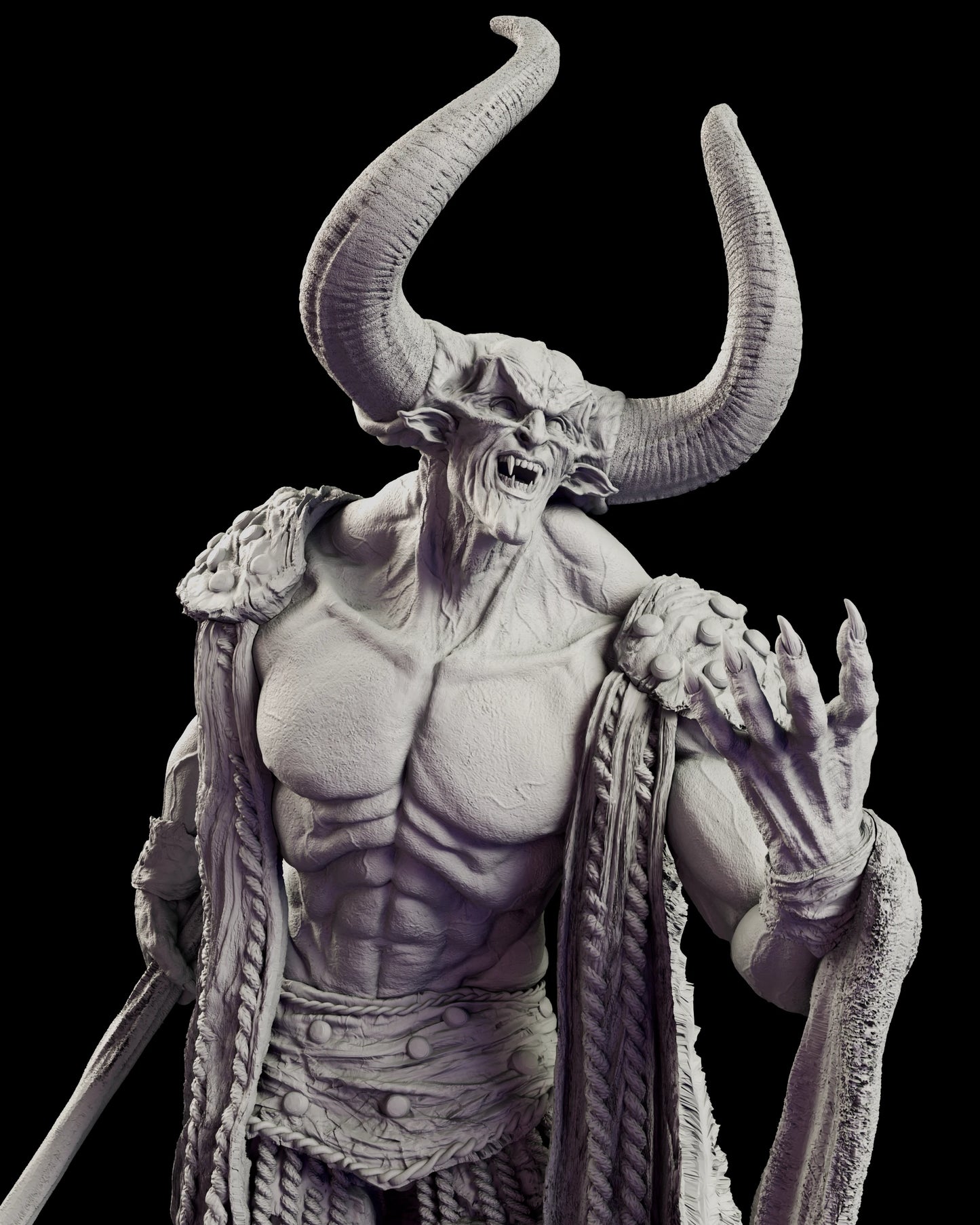 Close view of the Lord of Darkness figure model kit showing the sweeping ribbed horns, snarling fanged face and raised clawed hand above a studded sash