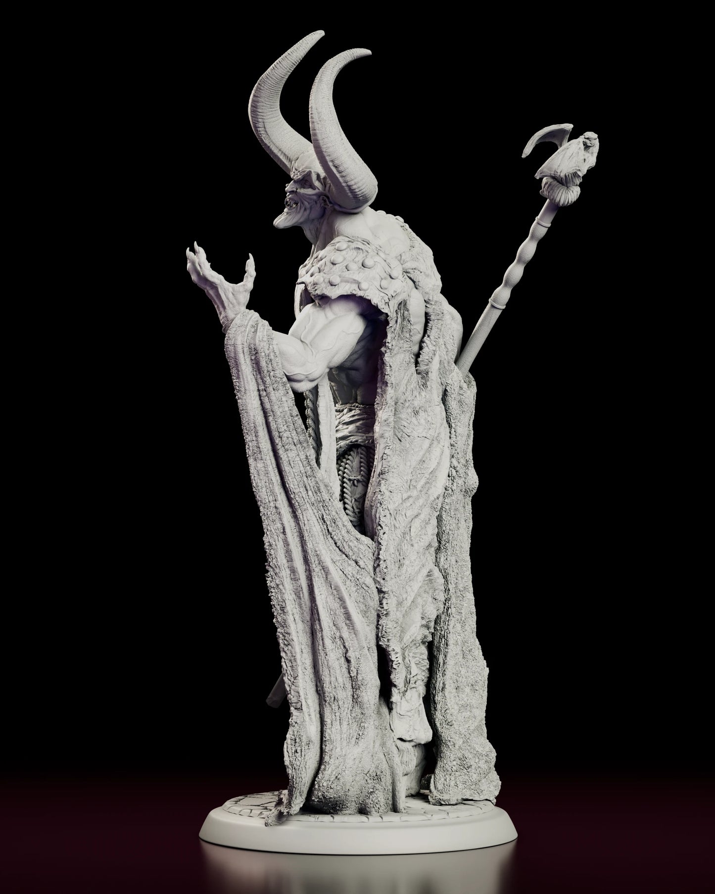 Left side view of the Lord of Darkness figure model kit showing the clawed hand raised, the coiled dragon at the head of the staff and the fur-lined cloak falling in heavy folds to the cobbled base