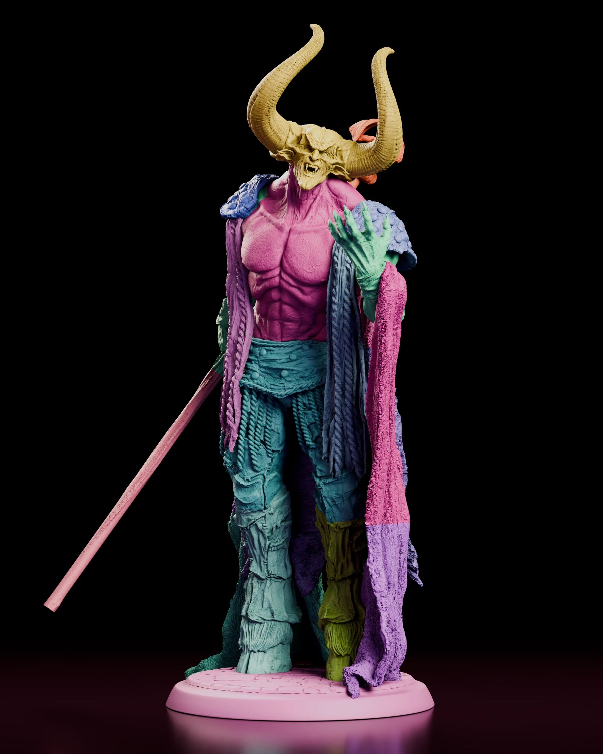 Parts breakdown of the Lord of Darkness figure model kit with the horned head, torso, arms, cloak sections, rope-bound legs, dragon-topped staff and base shown as separate components