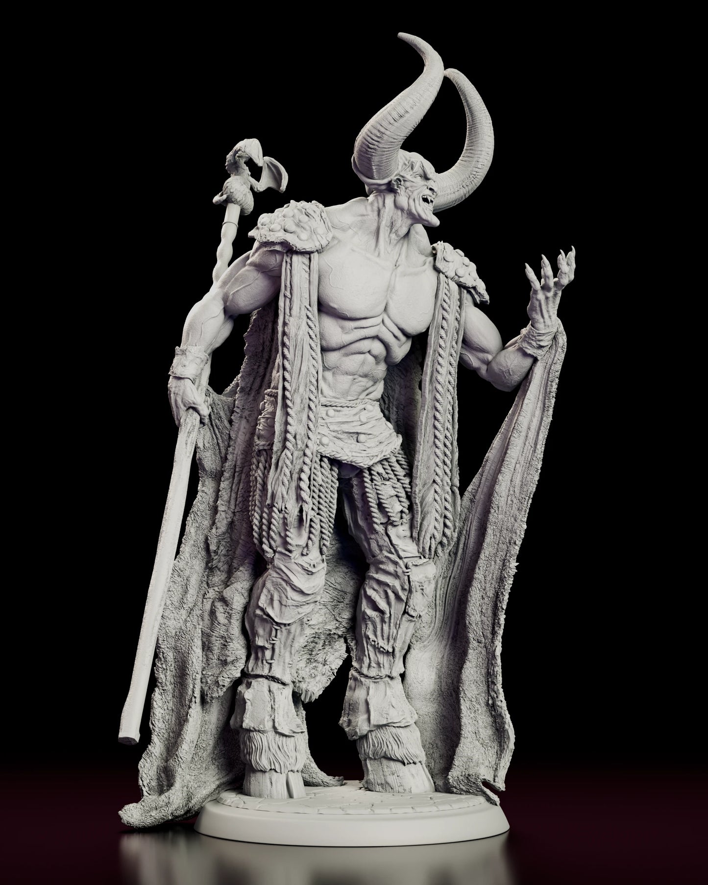 Right side view of the Lord of Darkness figure model kit with the cloak swept open across the base and the dragon-crowned staff rising behind the shoulder, its wing spread wide