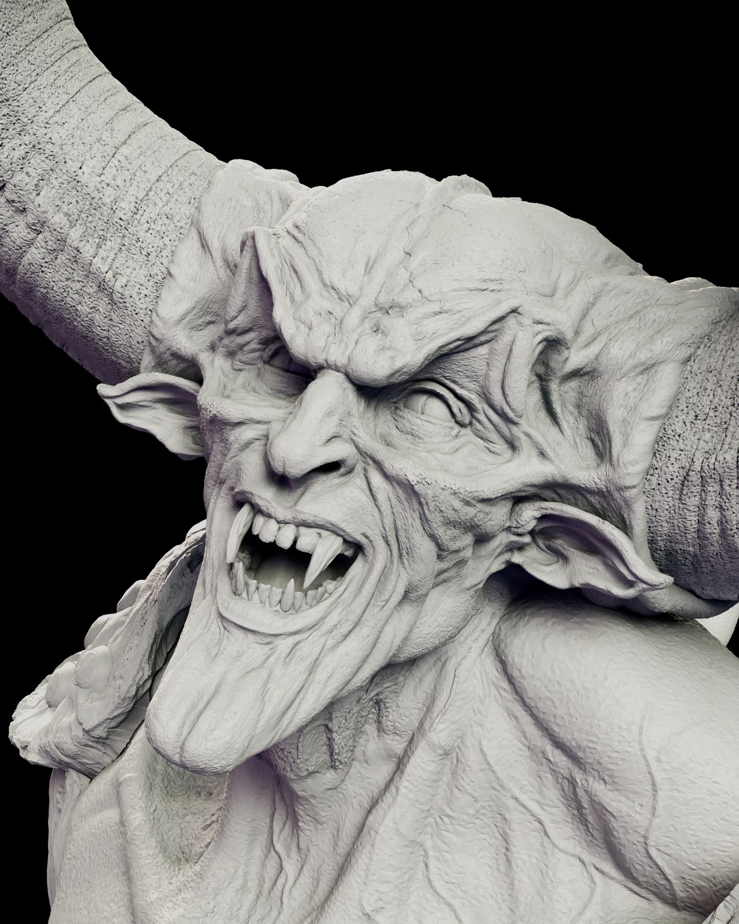 Portrait view of the Lord of Darkness figure model kit capturing the snarling fanged expression, heavy furrowed brow and pointed ears beneath massive ram horns