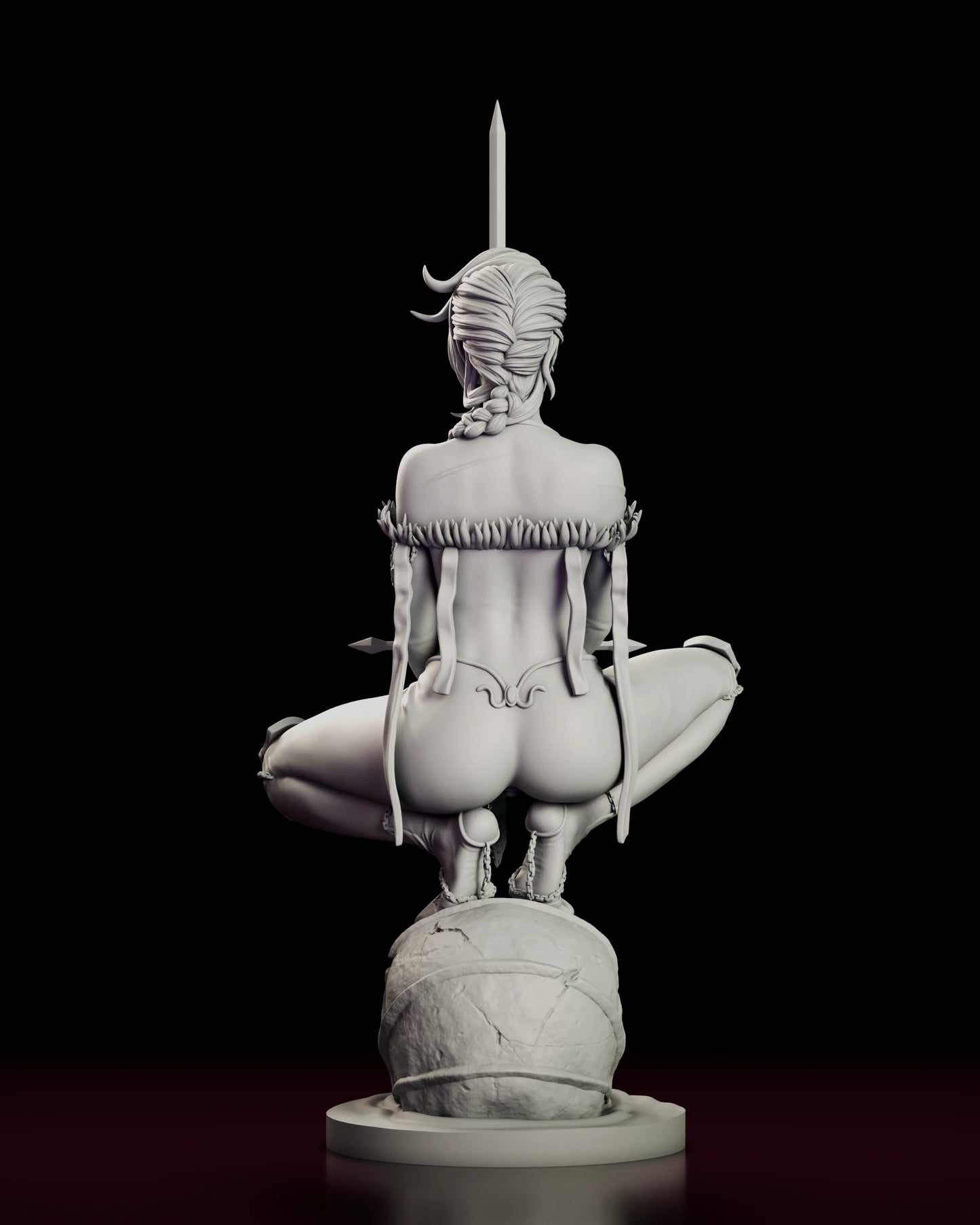 Rear view of The Mad Cat figure model kit showing the braid falling down the back, the claw-edged band and the chain-wrapped boots planted on the skull below