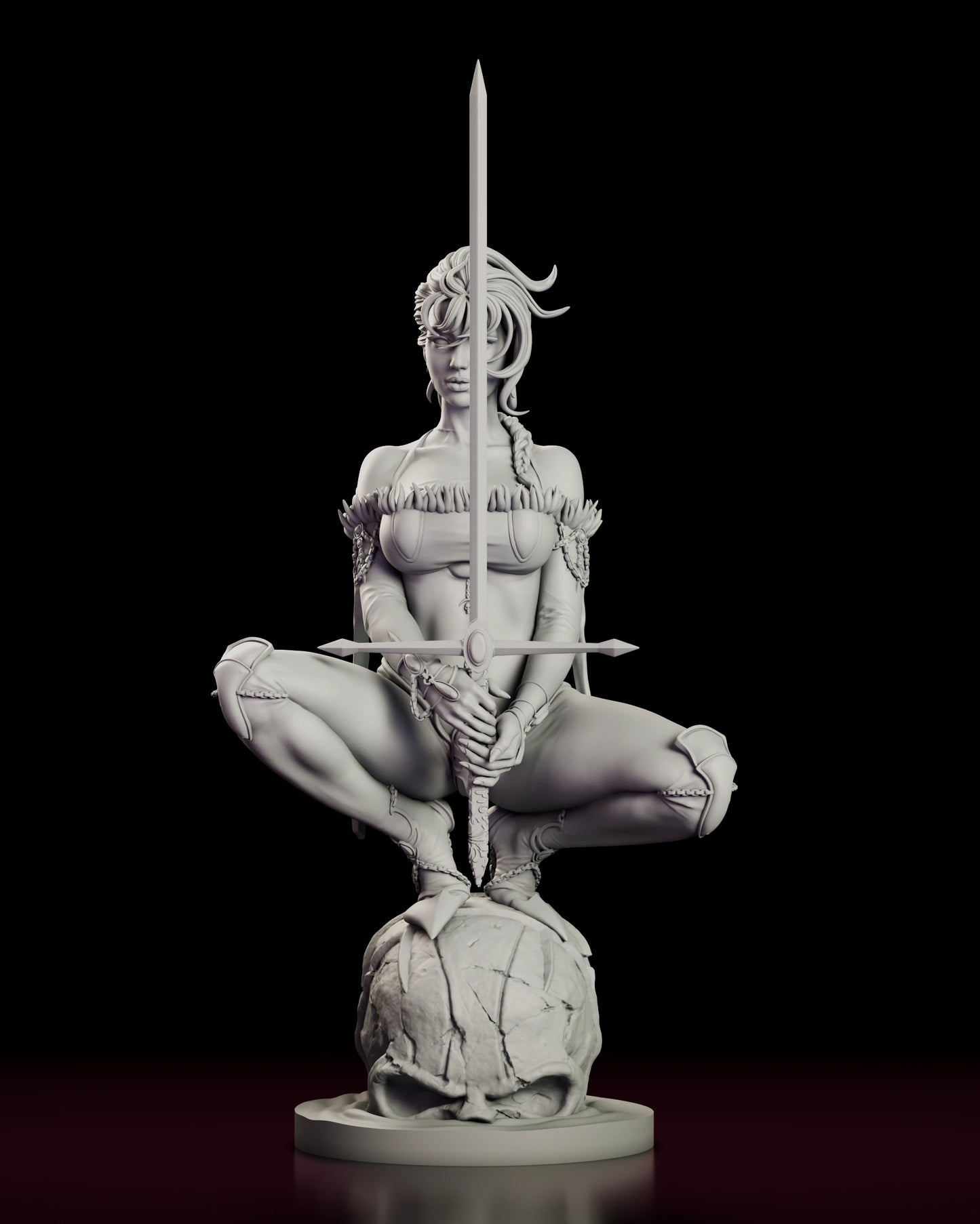 Front view of The Mad Cat figure model kit crouched on a giant skull with the sword blade rising the full height of the figure and the crossguard level across her lap