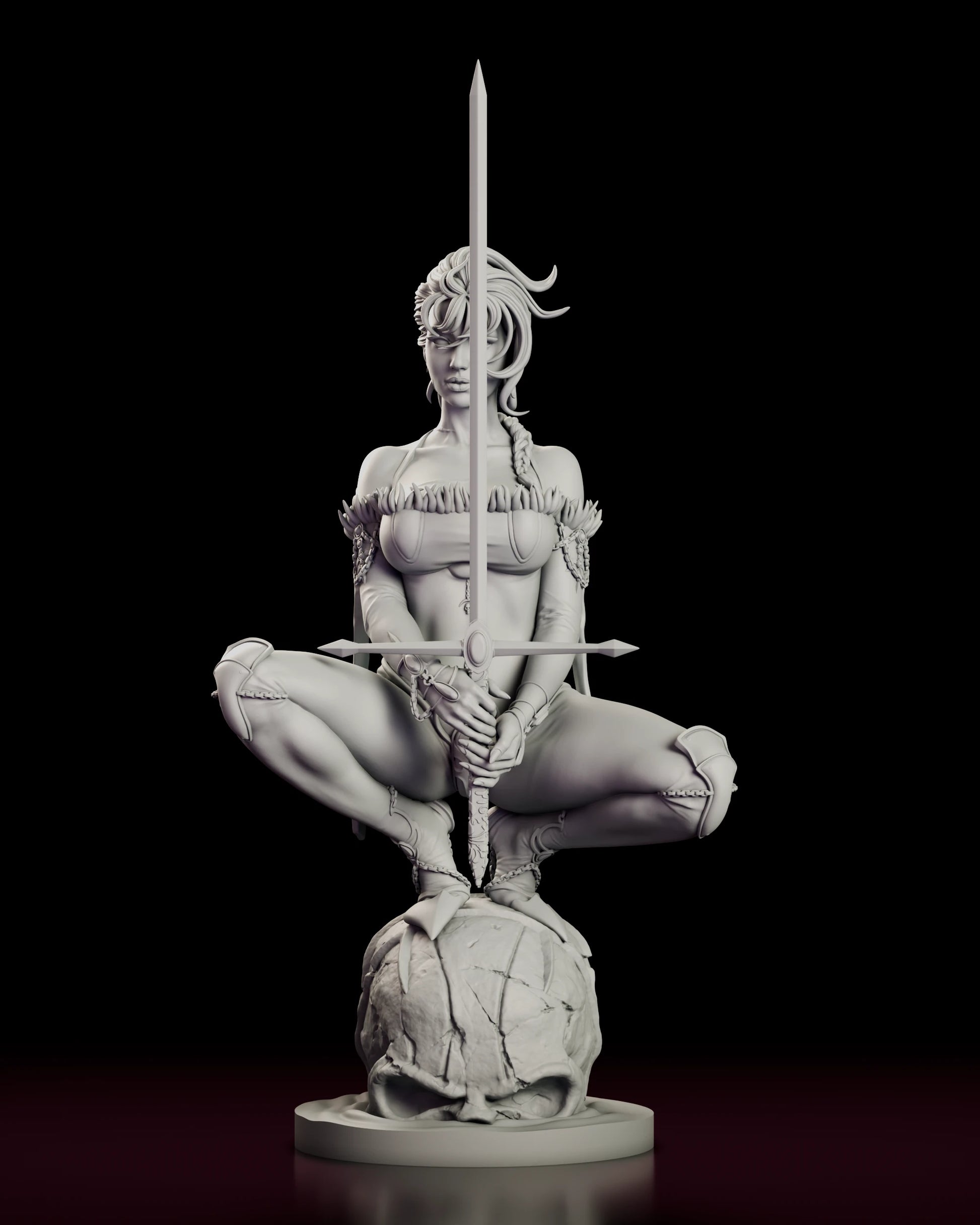 Front view of The Mad Cat figure model kit crouched on a giant skull with the sword blade rising the full height of the figure and the crossguard level across her lap